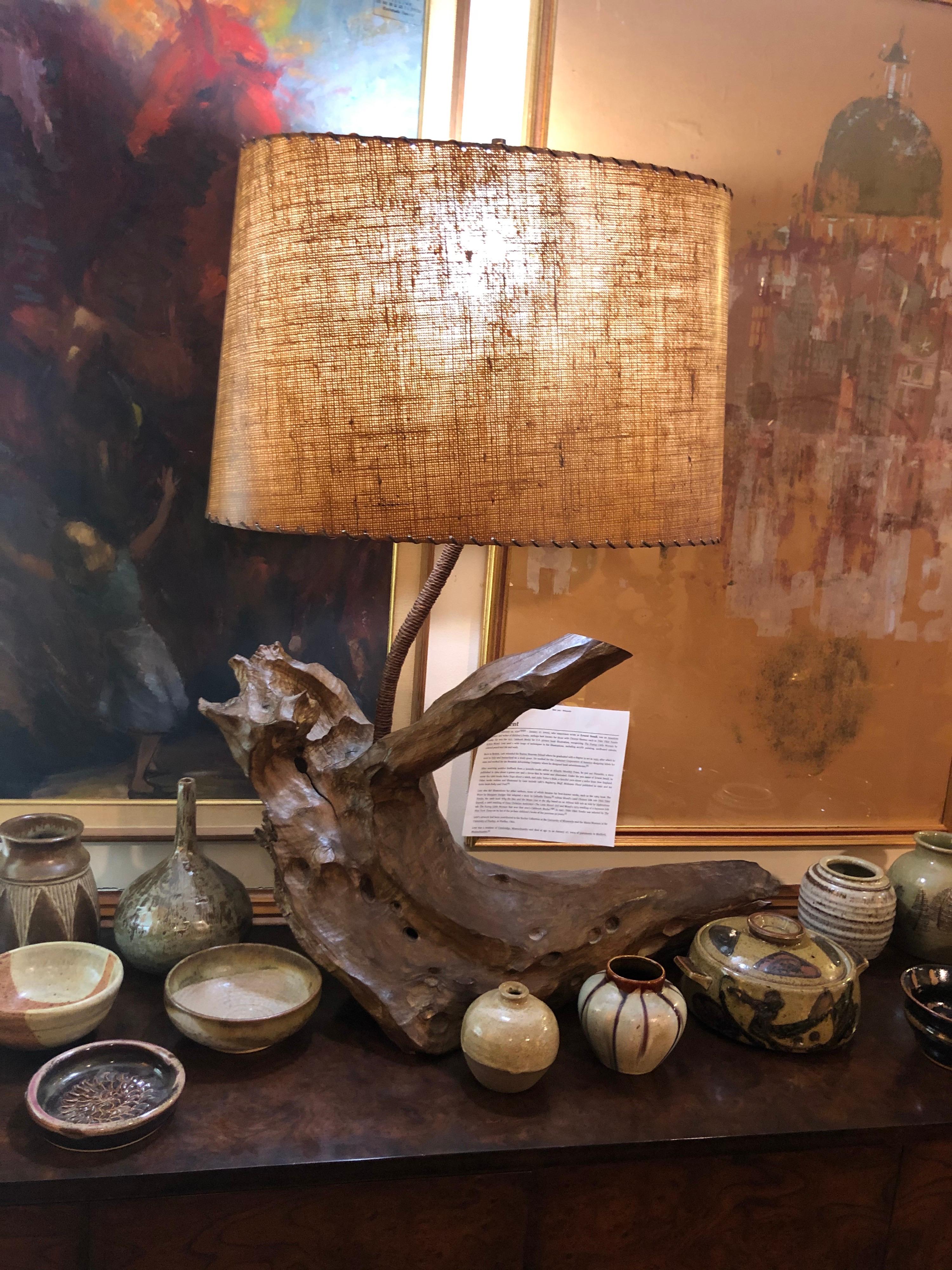 Mid-20th Century Large Solid Driftwood Lamp with Shade