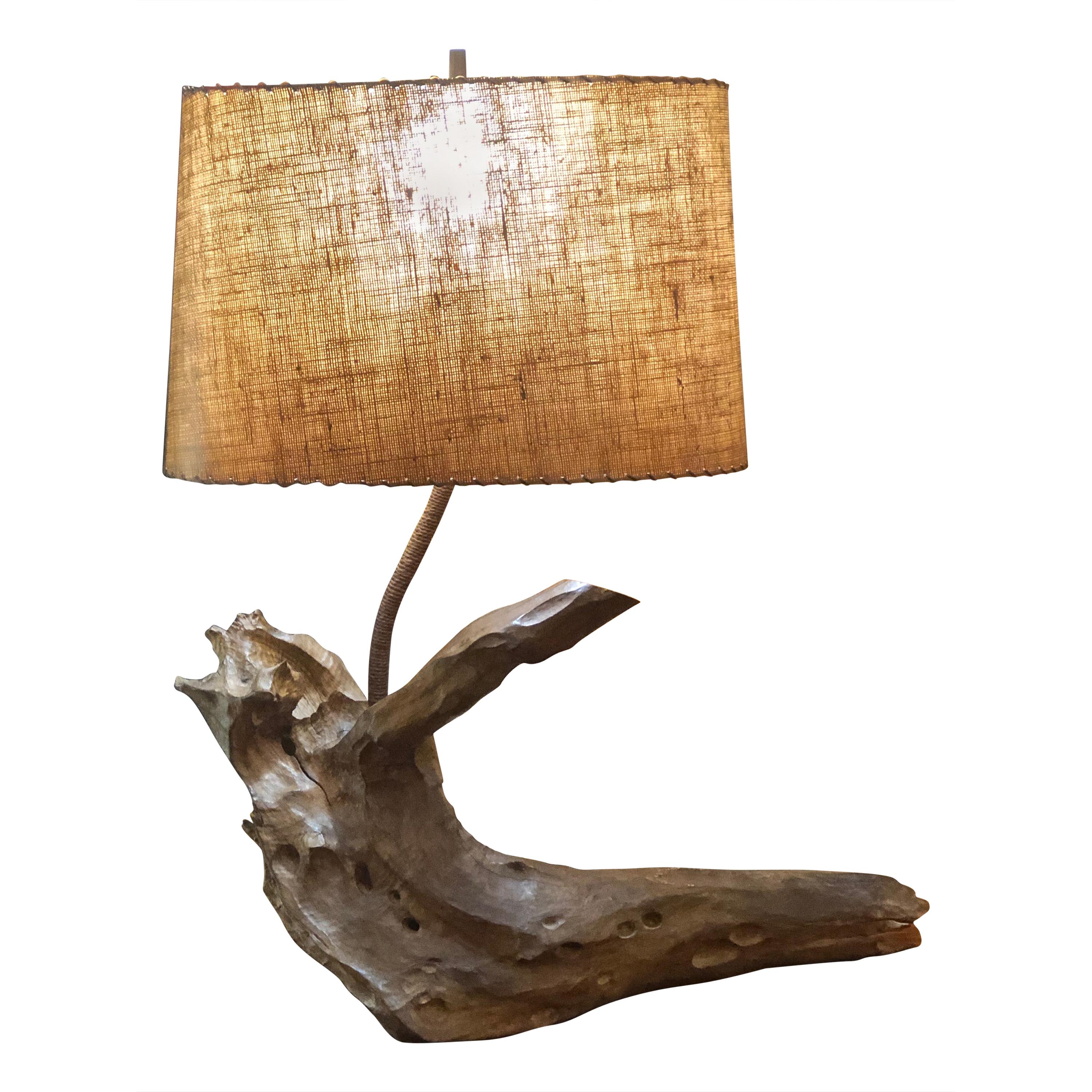Large Solid Driftwood Lamp With Shade, Driftwood Lamp Shade