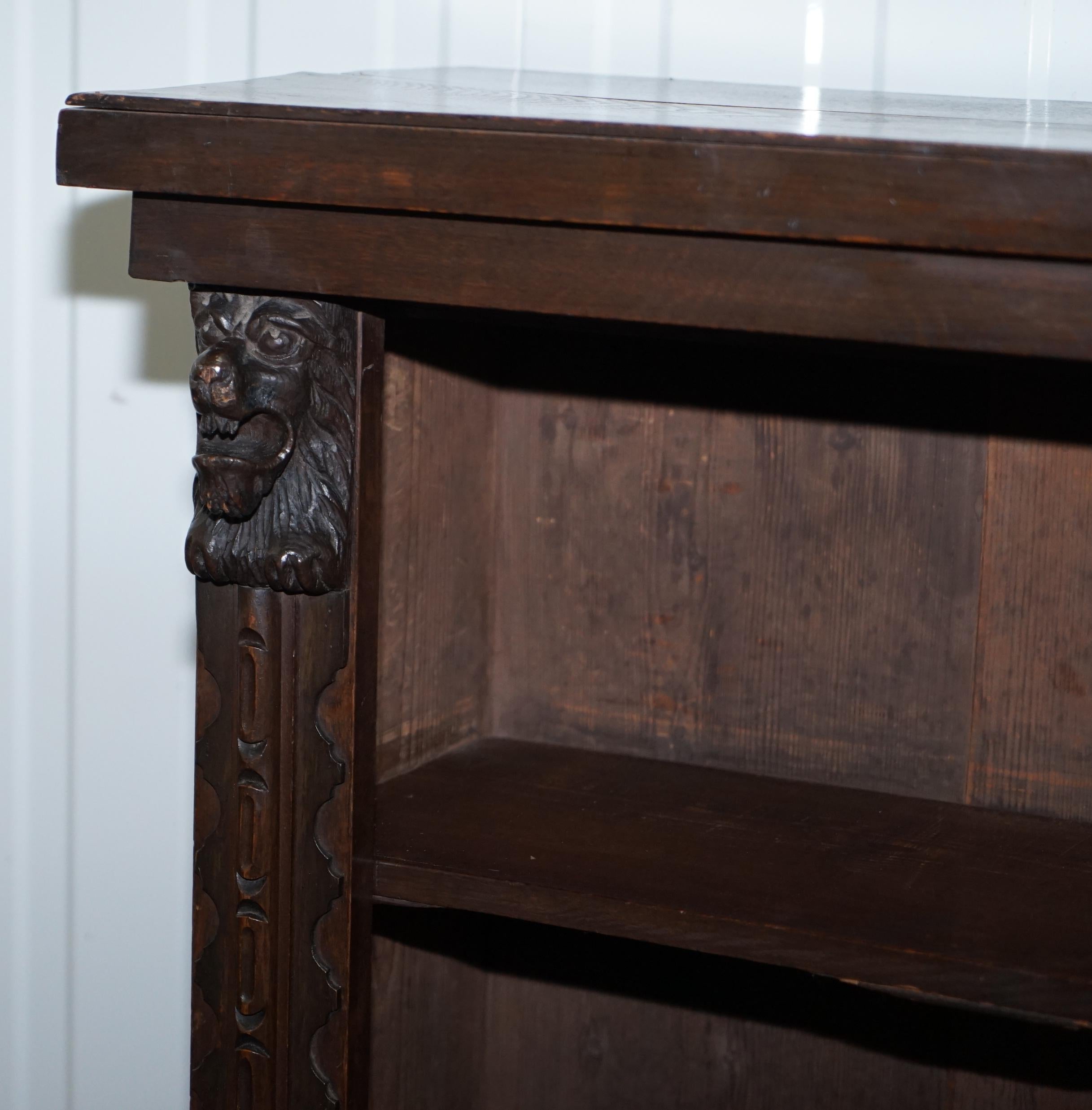 Hand-Crafted Large Solid English Oak Library Study Bookcase with Carved Lions Heads Rare Find