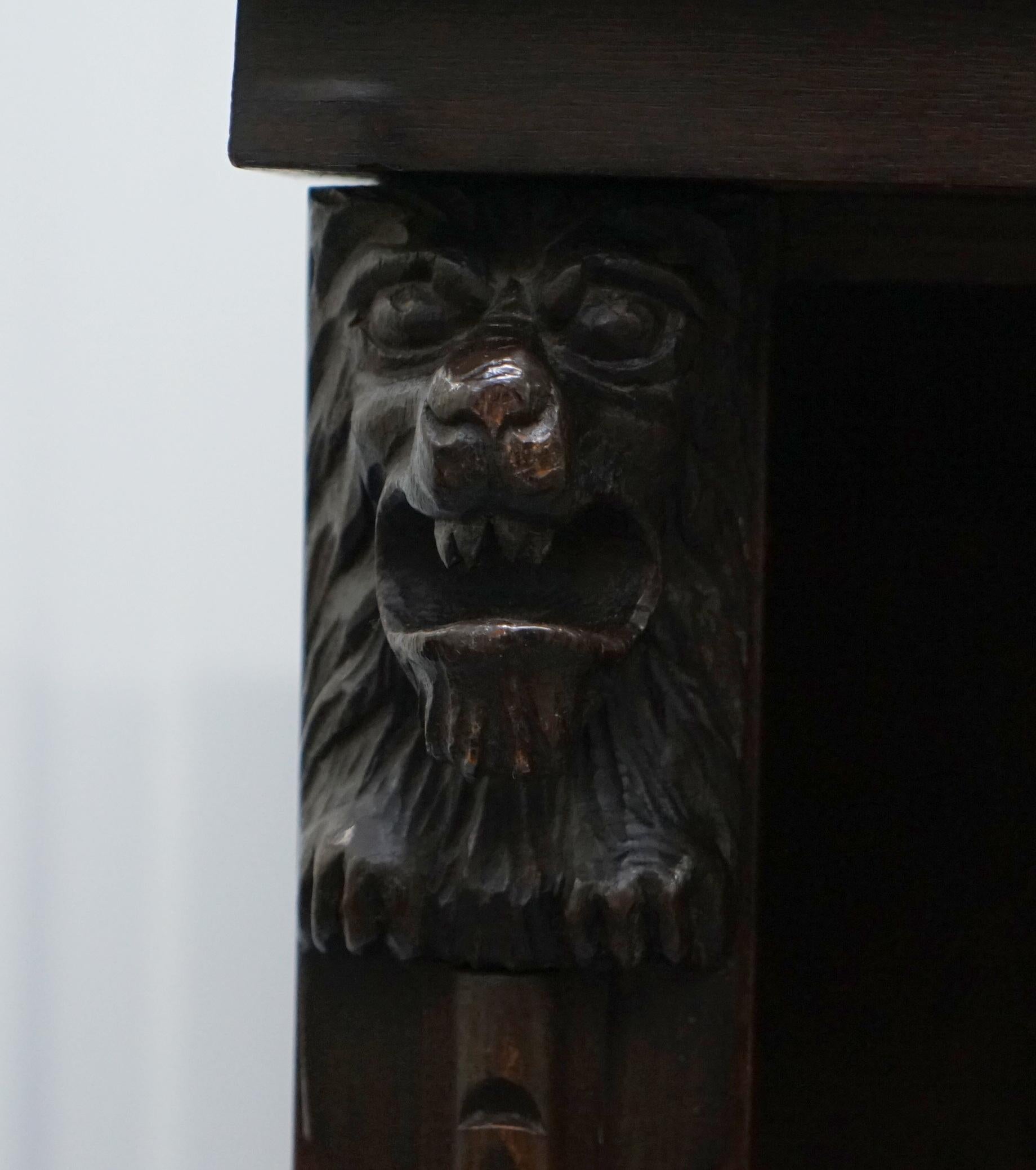 19th Century Large Solid English Oak Library Study Bookcase with Carved Lions Heads Rare Find
