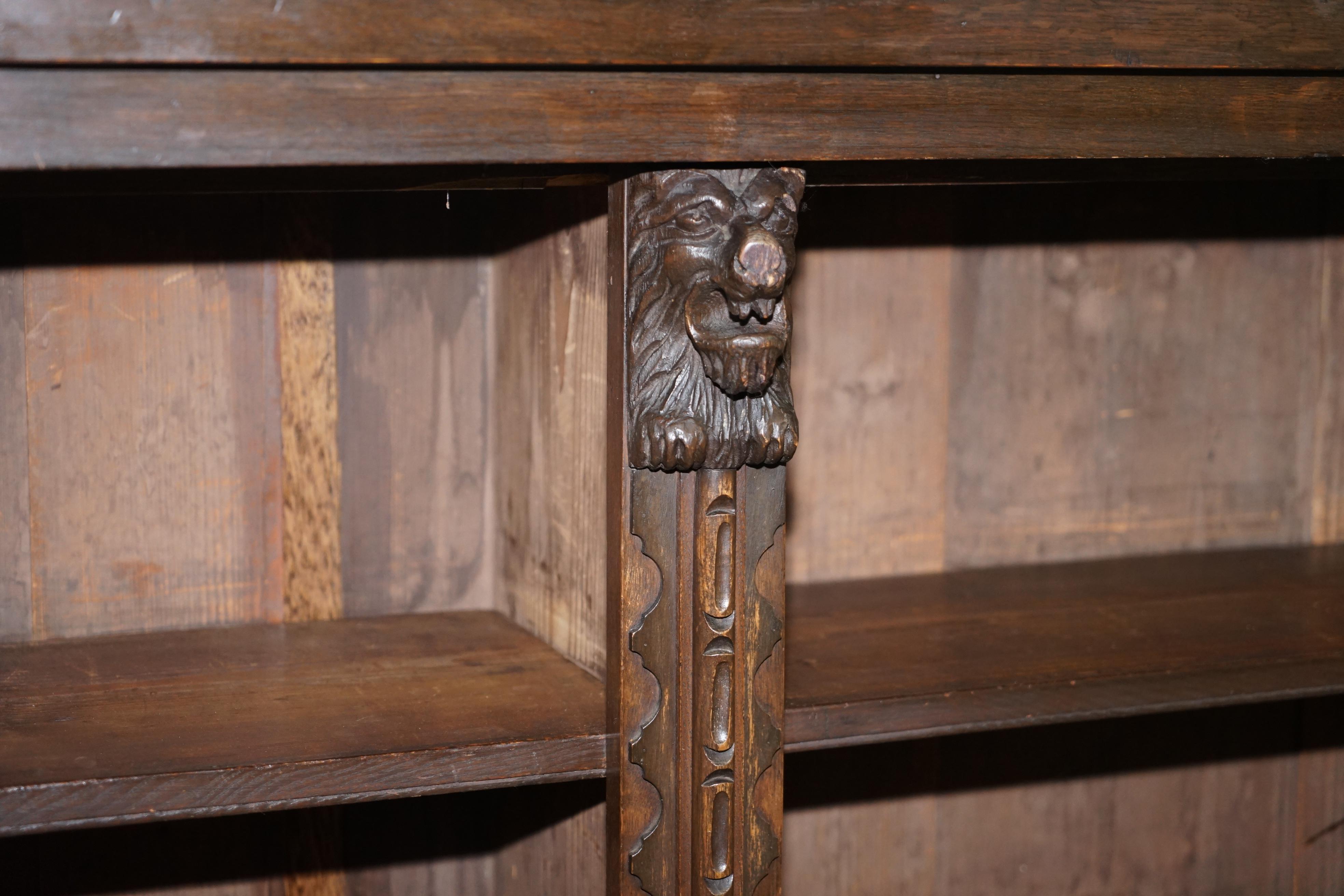 Large Solid English Oak Library Study Bookcase with Carved Lions Heads Rare Find 1