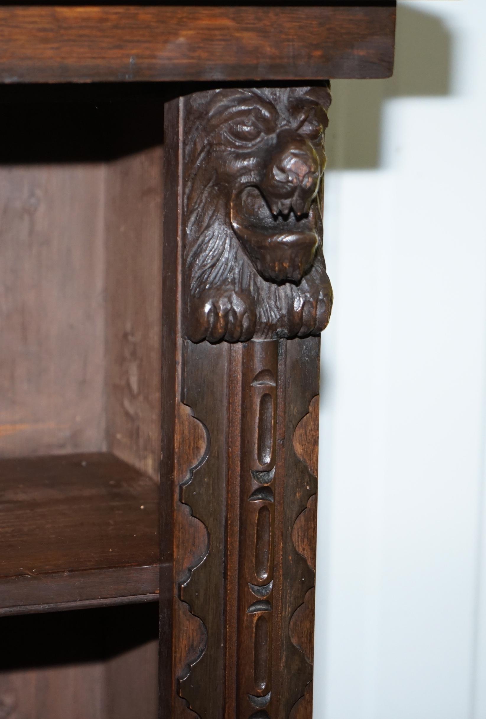 Large Solid English Oak Library Study Bookcase with Carved Lions Heads Rare Find 2