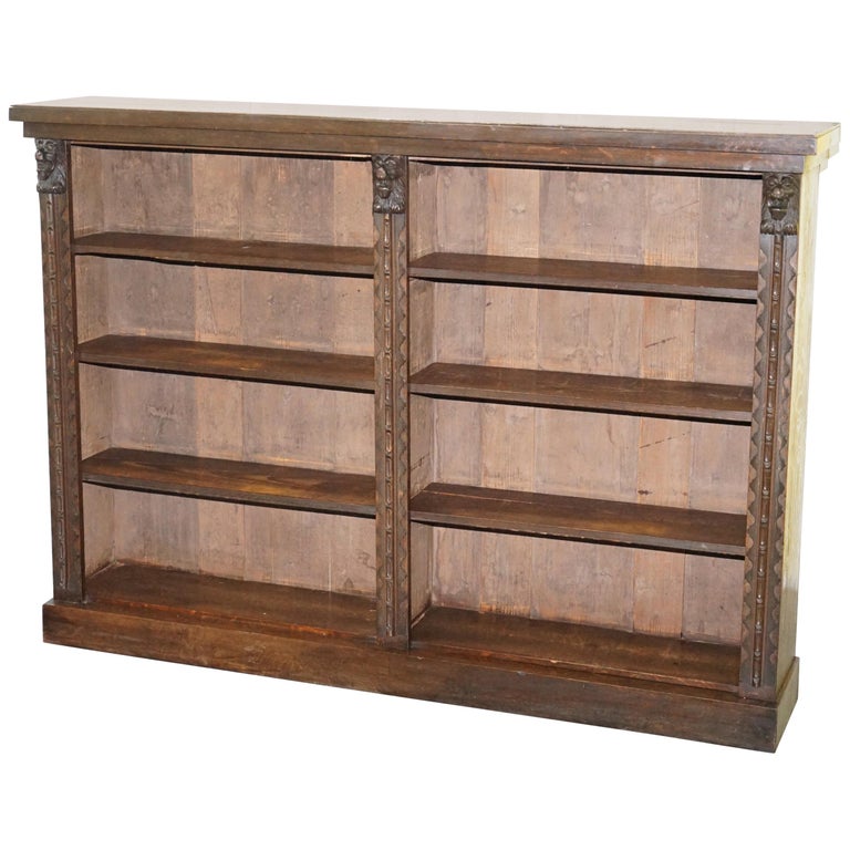 Large Solid English Oak Library Study Bookcase with Carved Lions Heads