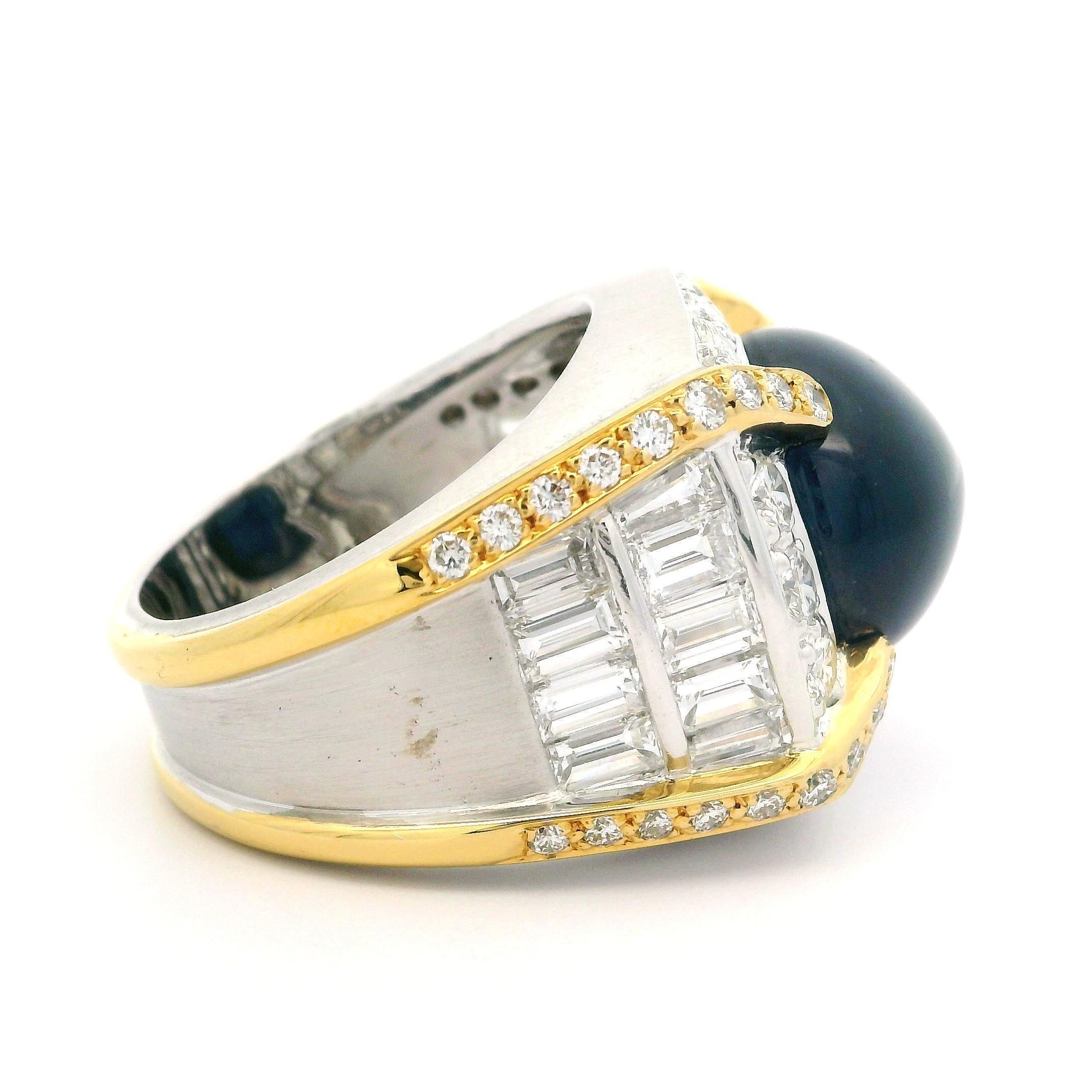 --Stone(s):--
(1) Natural Genuine Sapphire - Oval Cabochon Cut - Prong Set - Deep Blue Color - Ceylon - Heated - Large - 17.49ct (exact)
** See Certification Details Below for Complete Info **
(68) Natural Genuine Diamonds - Round Brilliant &