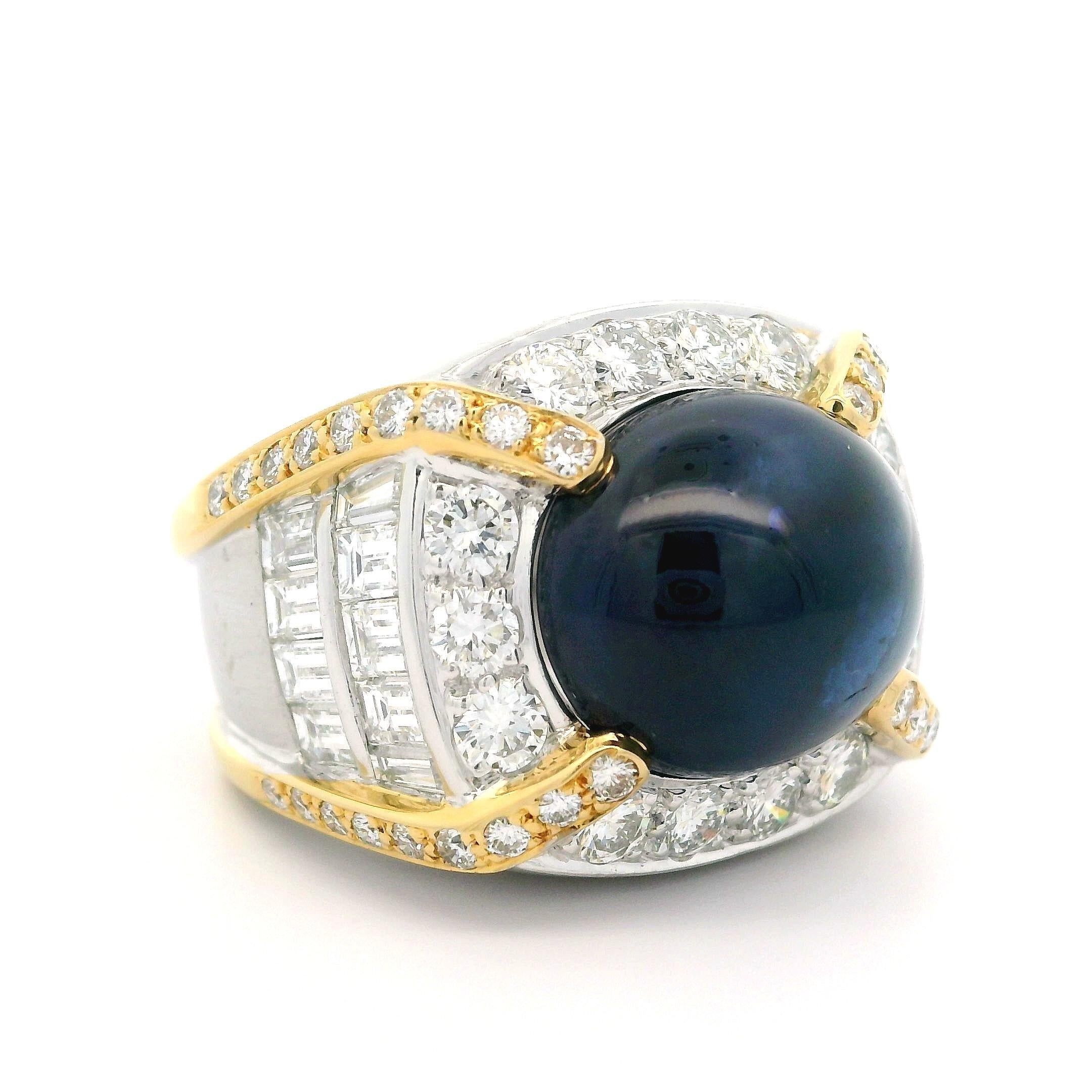 Large Solid Gold GIA 21.95ctw Oval Cabochon Sapphire w/ Diamond Statement Ring For Sale 3