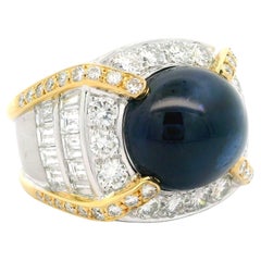 Large Solid Gold GIA 21.95ctw Oval Cabochon Sapphire w/ Diamond Statement Ring