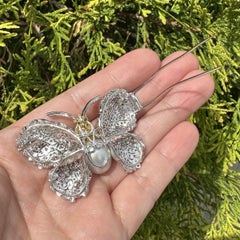 Large Solid Gold Pearl Yellow & White Diamond Mosaic Moth Butterfly Brooch Pin
