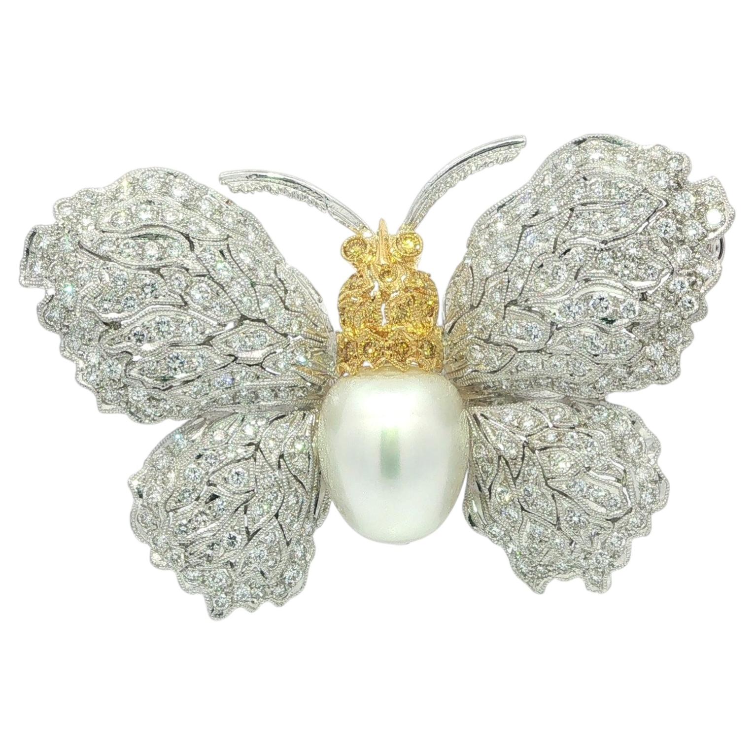 Large Solid Gold Pearl Yellow & White Diamond Mosaic Moth Butterfly Brooch Pin