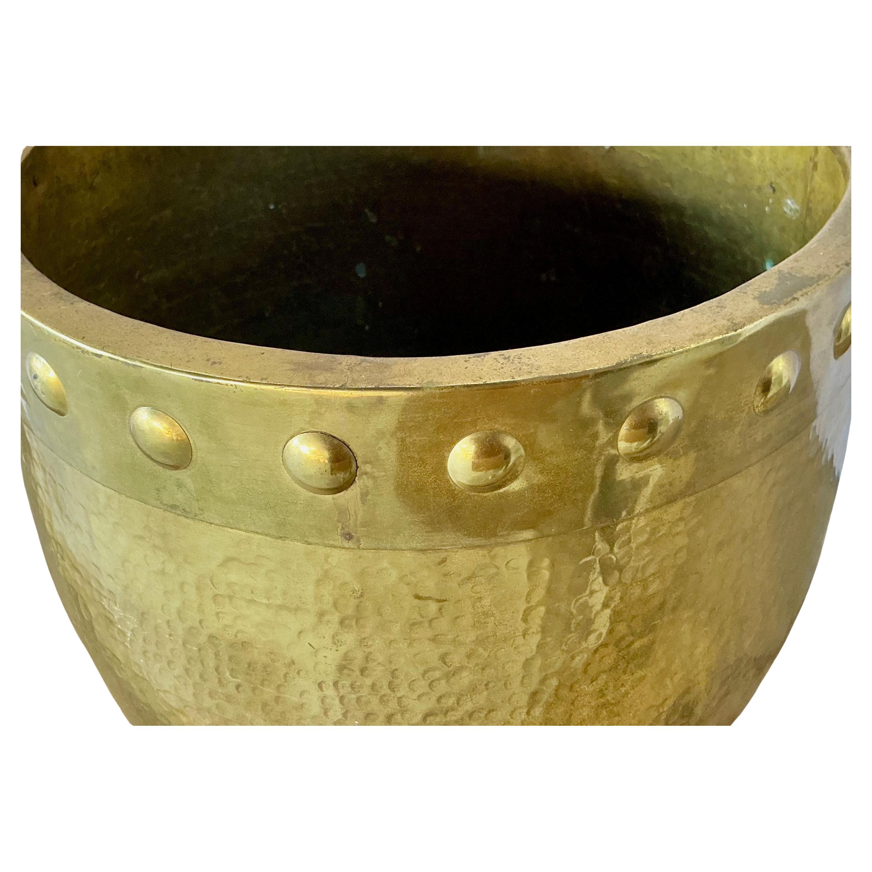 Mid-Century Modern Large Solid Hammered Brass Cachepot Planter For Sale