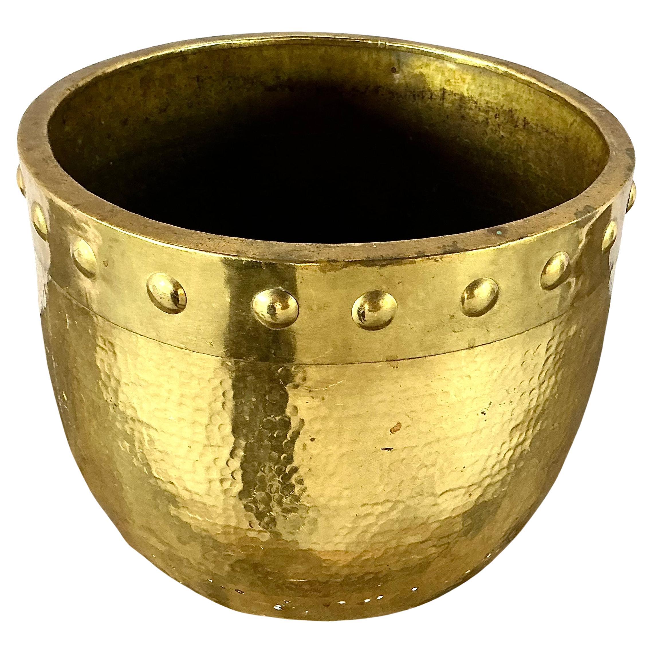 Large Solid Hammered Brass Cachepot Planter In Fair Condition For Sale In Bradenton, FL
