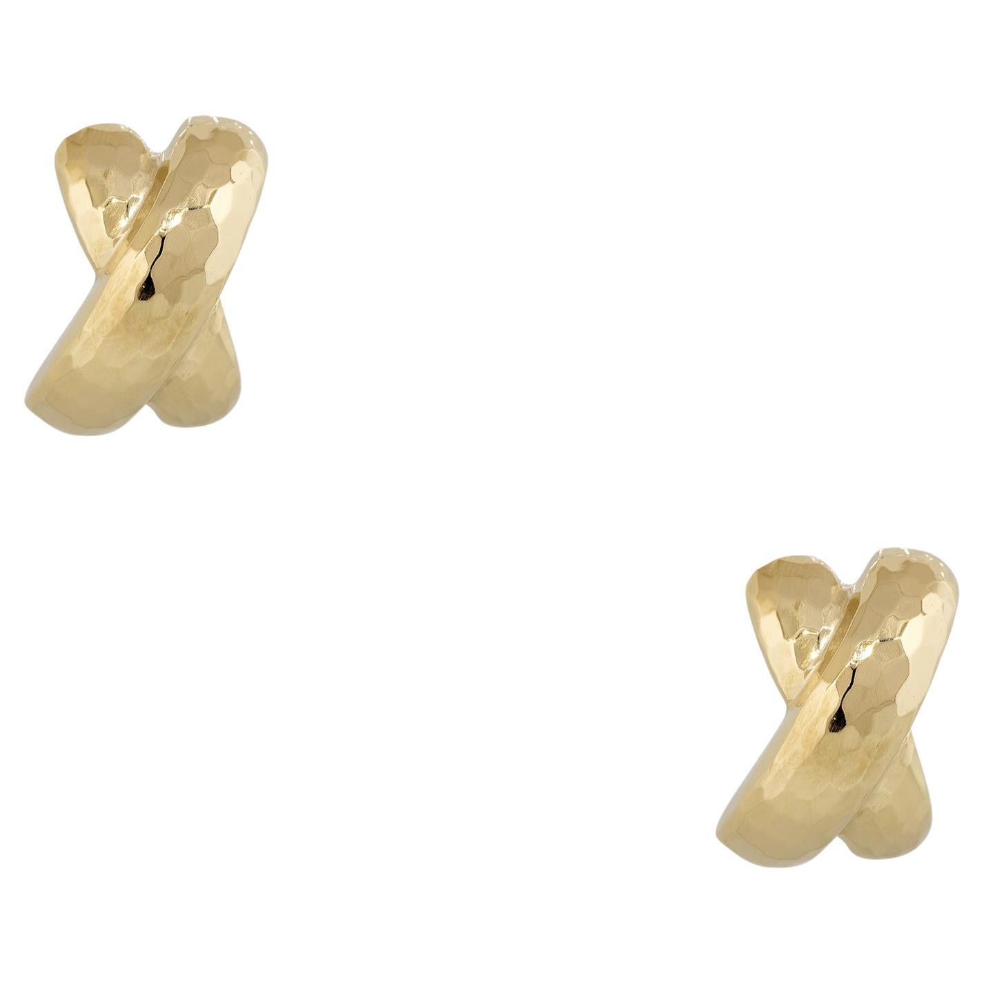 Large Solid Hammered "X" Earrings 14 Karat In Stock For Sale