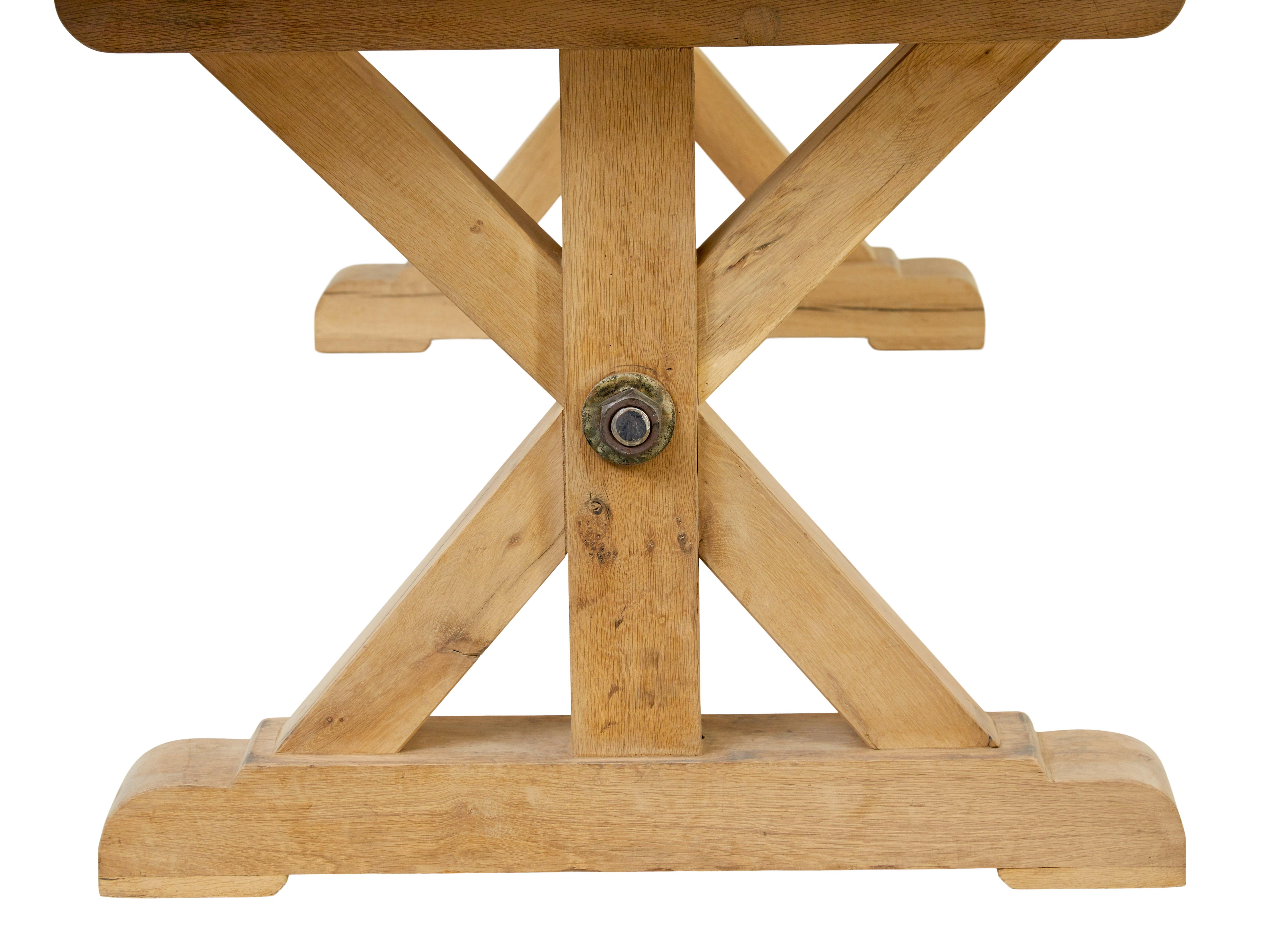 Hand-Carved Large solid handmade oak x frame dining table For Sale