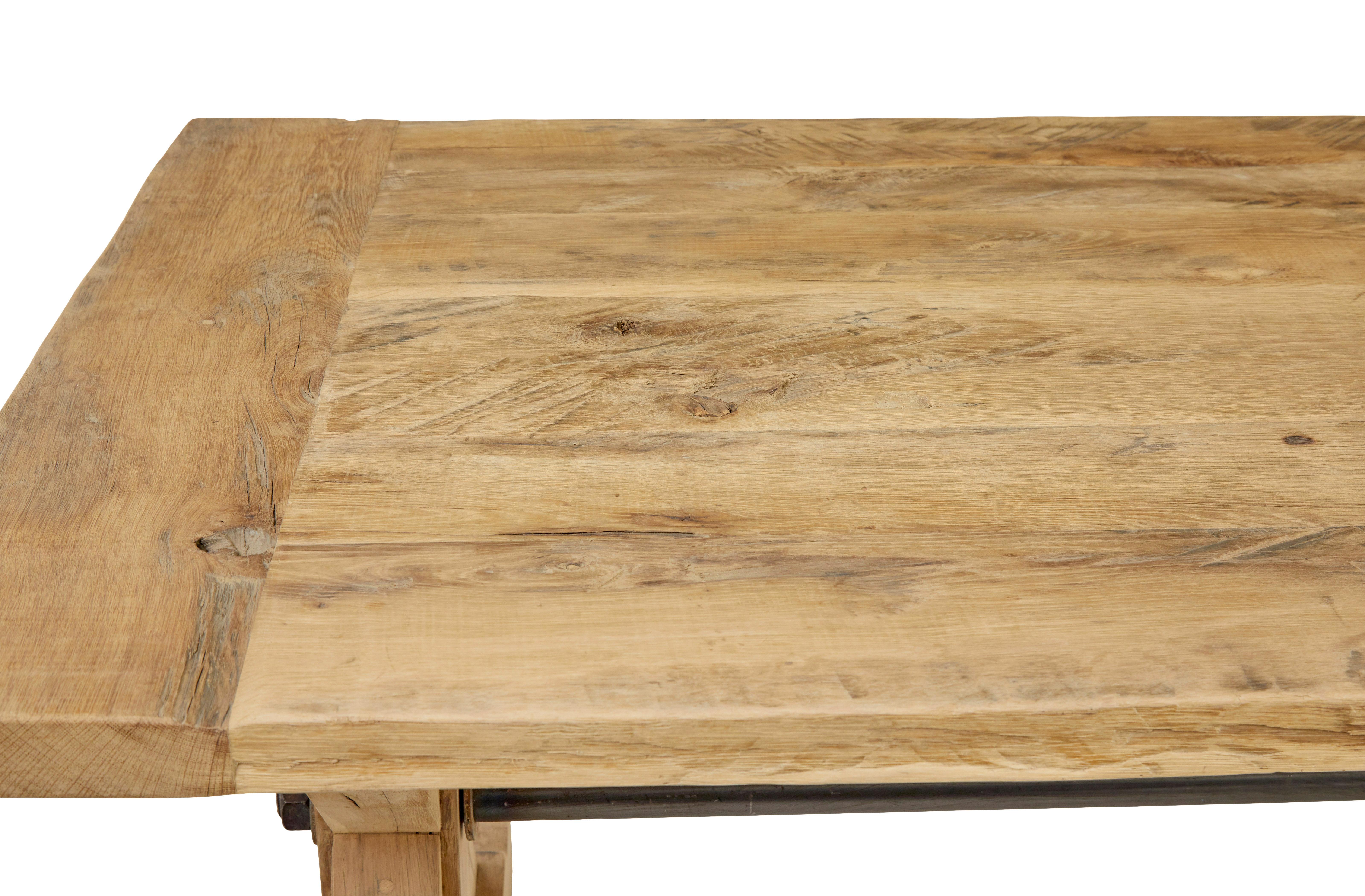 Steel Large solid handmade oak x frame dining table For Sale