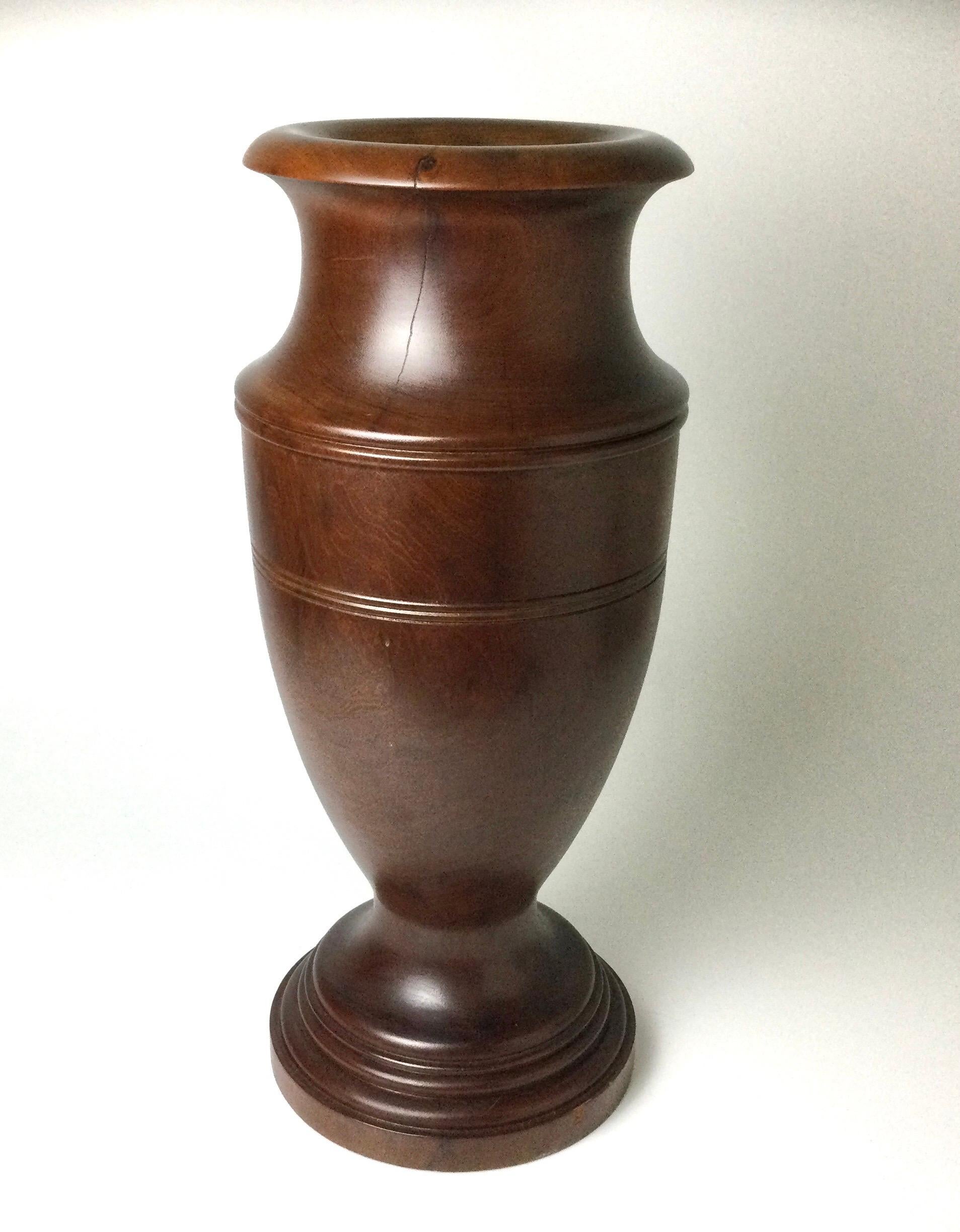 Large Solid Mahogany Turned Wood Floor Vase In Excellent Condition For Sale In Lambertville, NJ