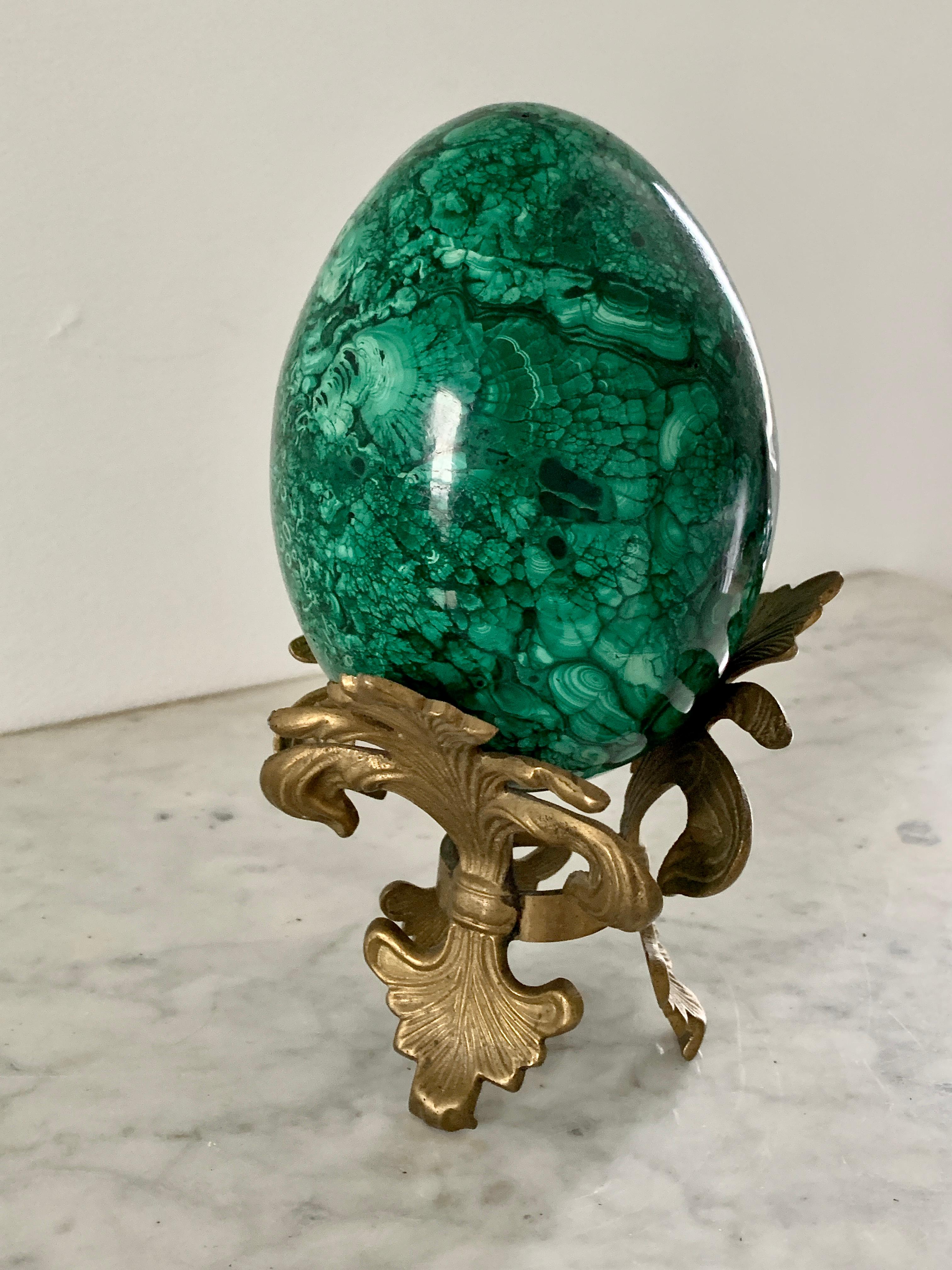 Organic Modern Large Solid Malachite Egg on Brass Stand