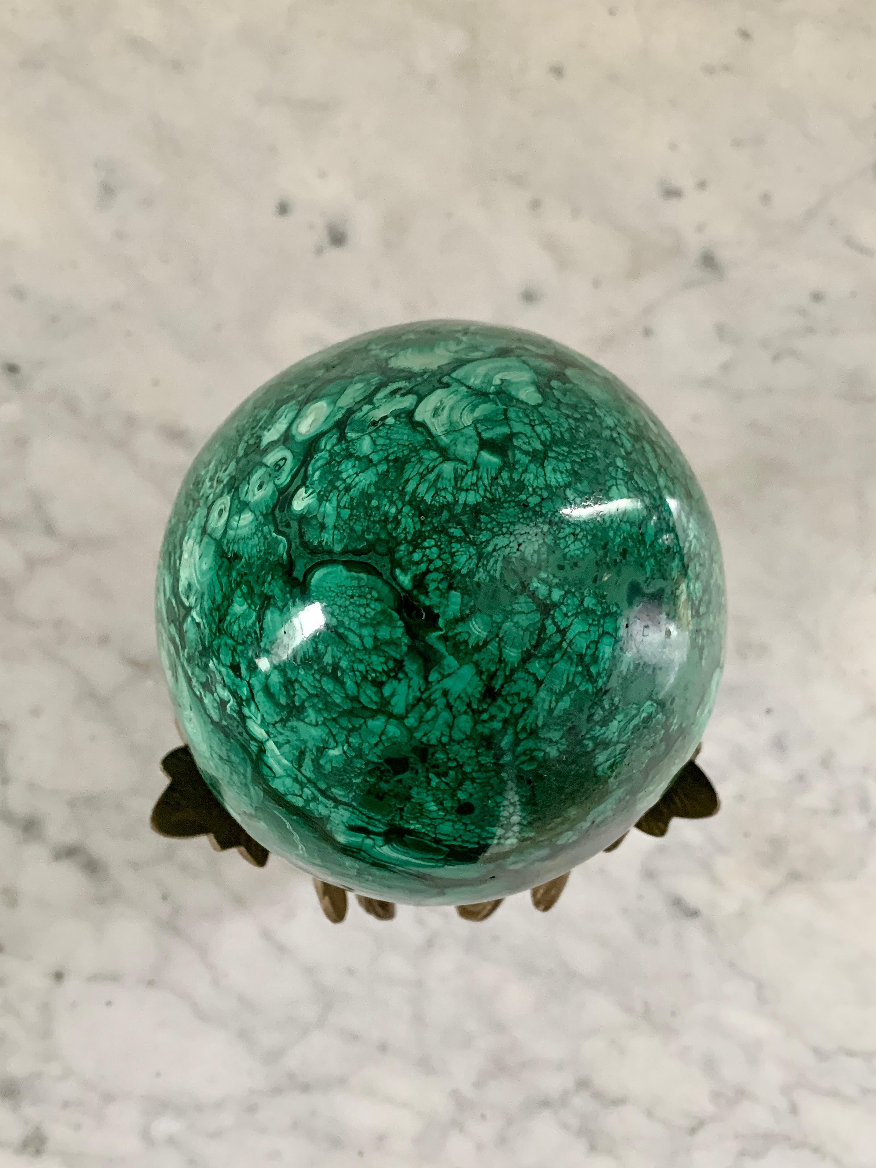 Large Solid Malachite Egg on Brass Stand In Good Condition In Elkhart, IN