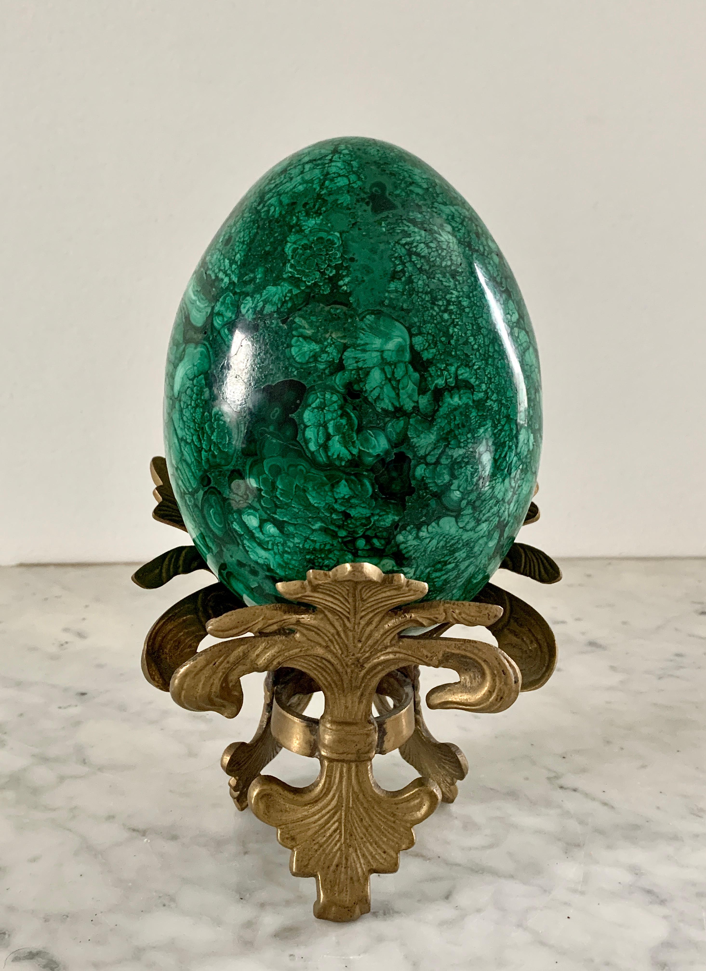 20th Century Large Solid Malachite Egg on Brass Stand