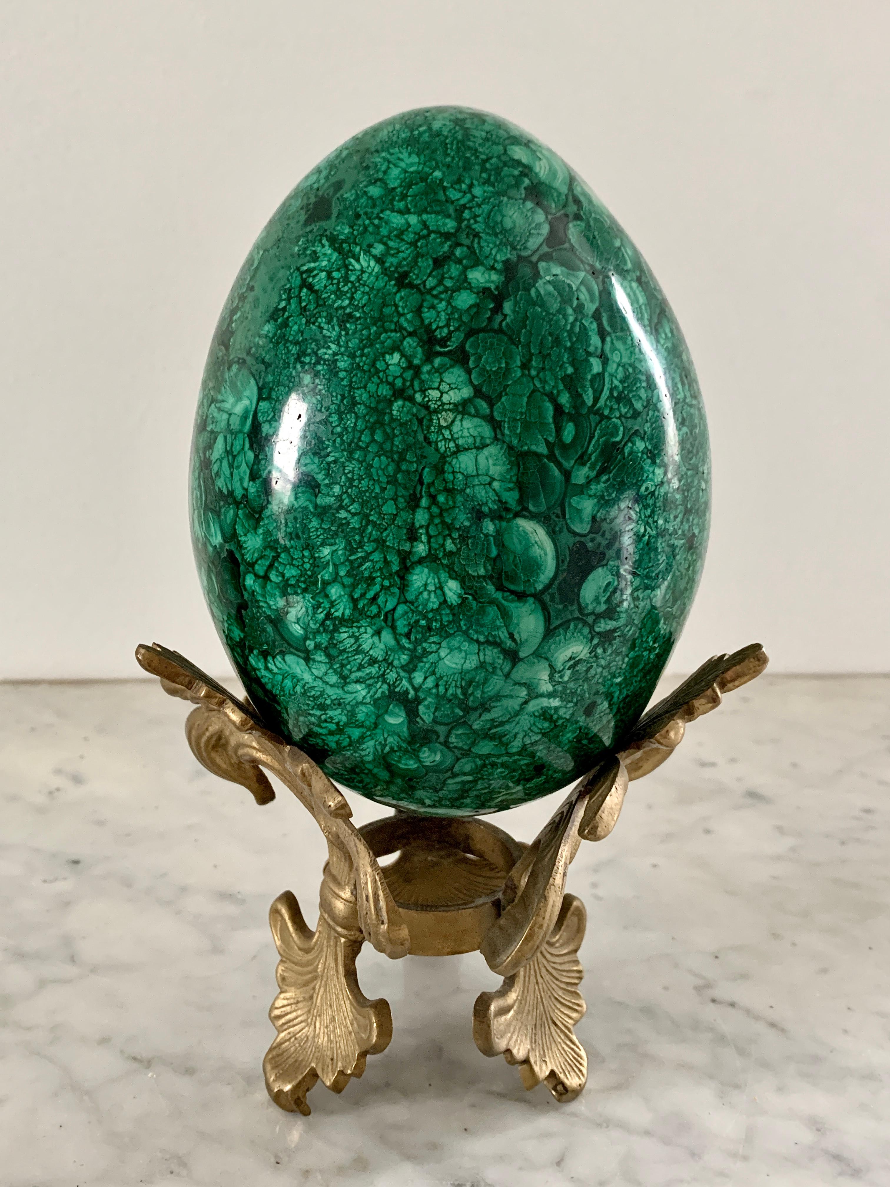 Large Solid Malachite Egg on Brass Stand 1