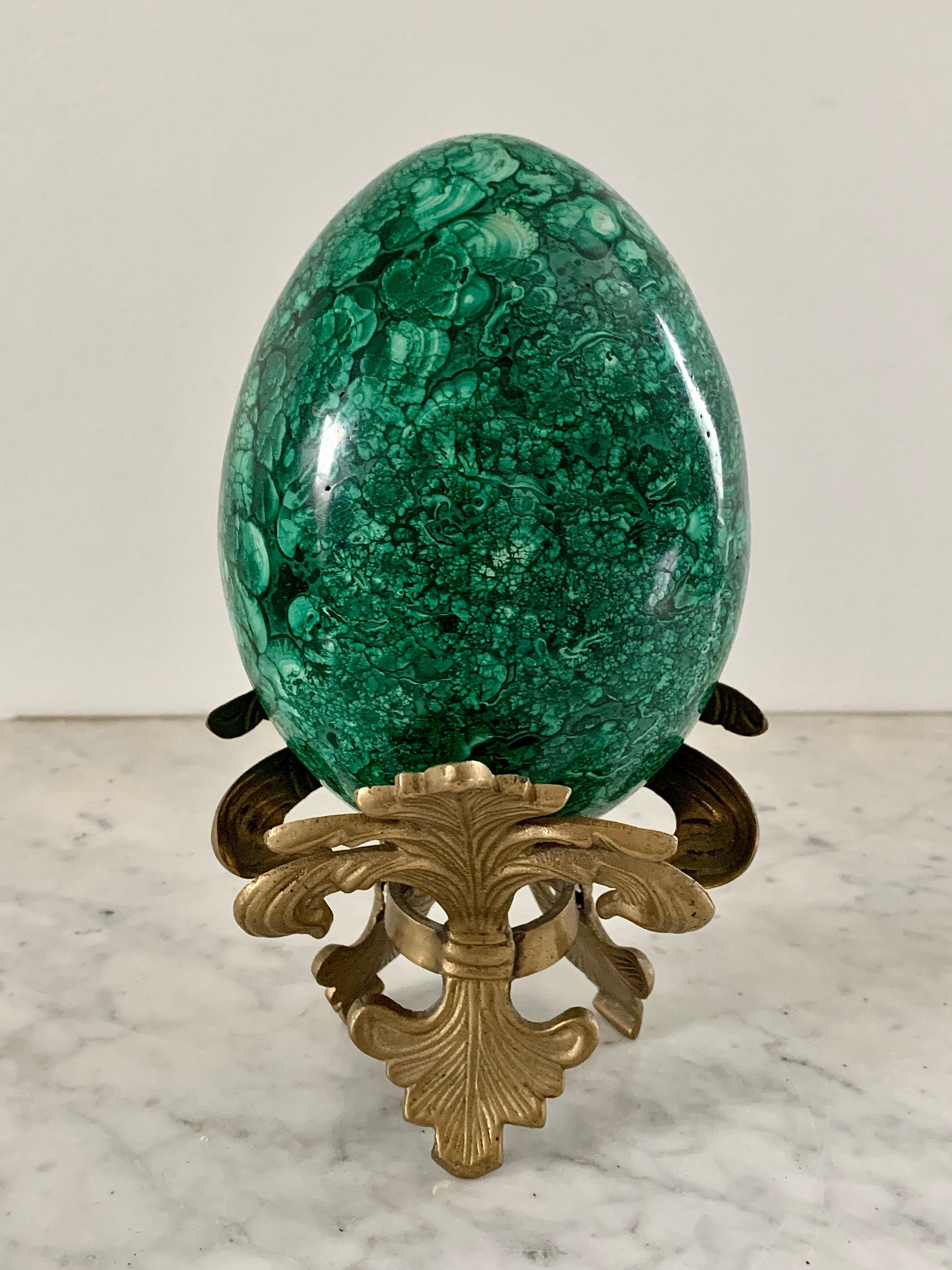Large Solid Malachite Egg on Brass Stand 2