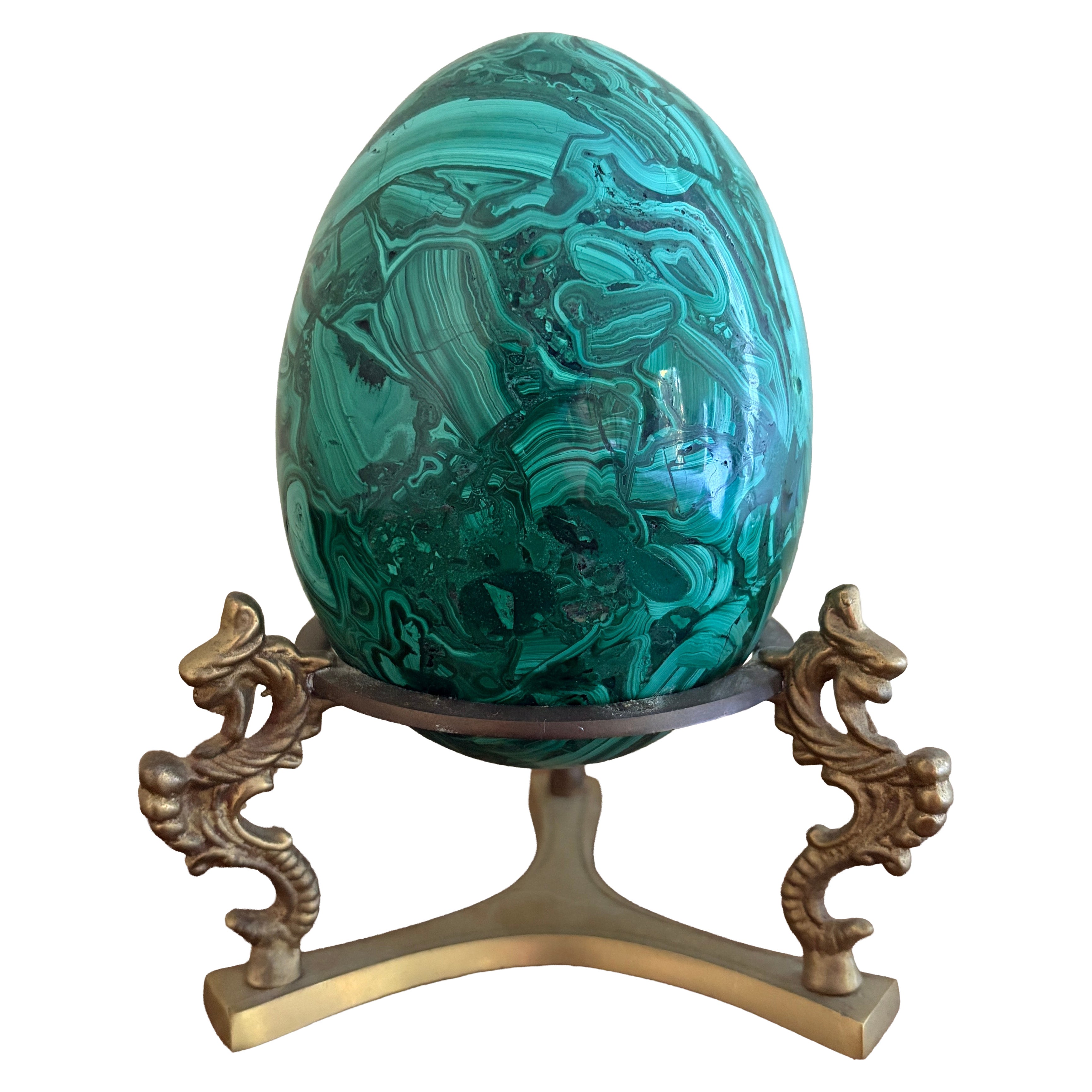 Large Solid Malachite Egg on Neoclassical Brass Stand
