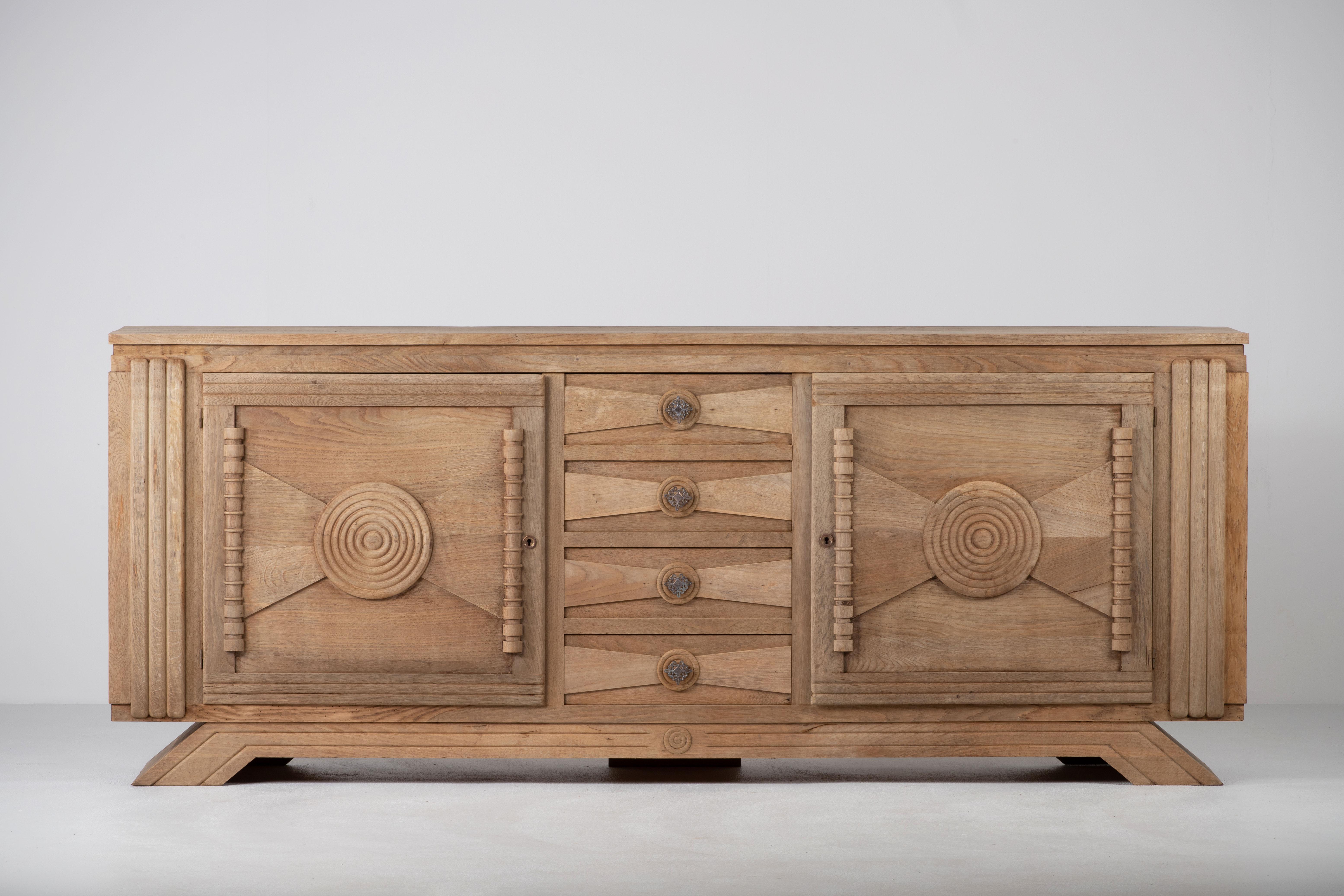 French Large Solid Oak Credenza, Charles Douduyt, France, 1940s