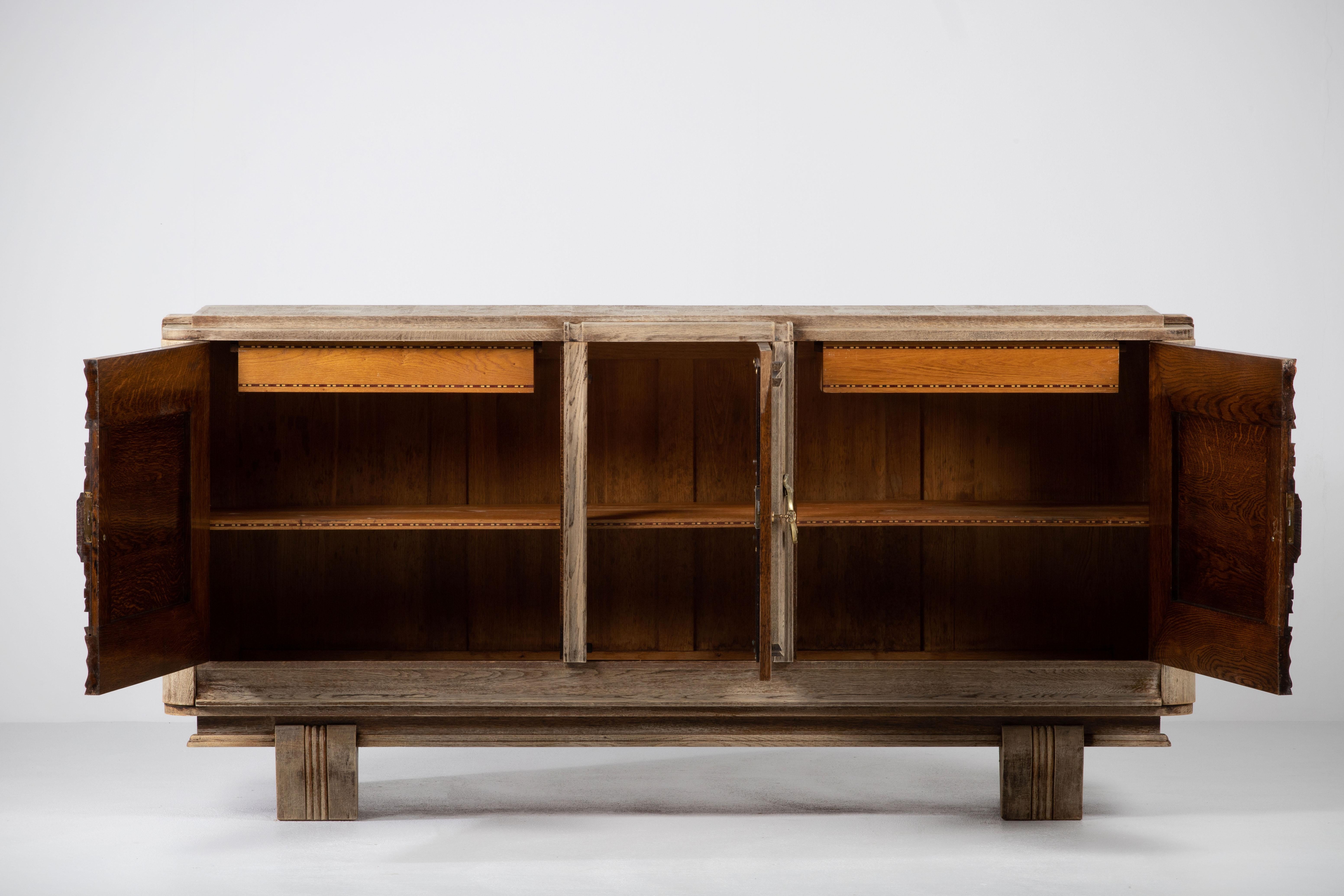 French Large Solid Oak Credenza, Charles Douduyt, France, 1940s For Sale