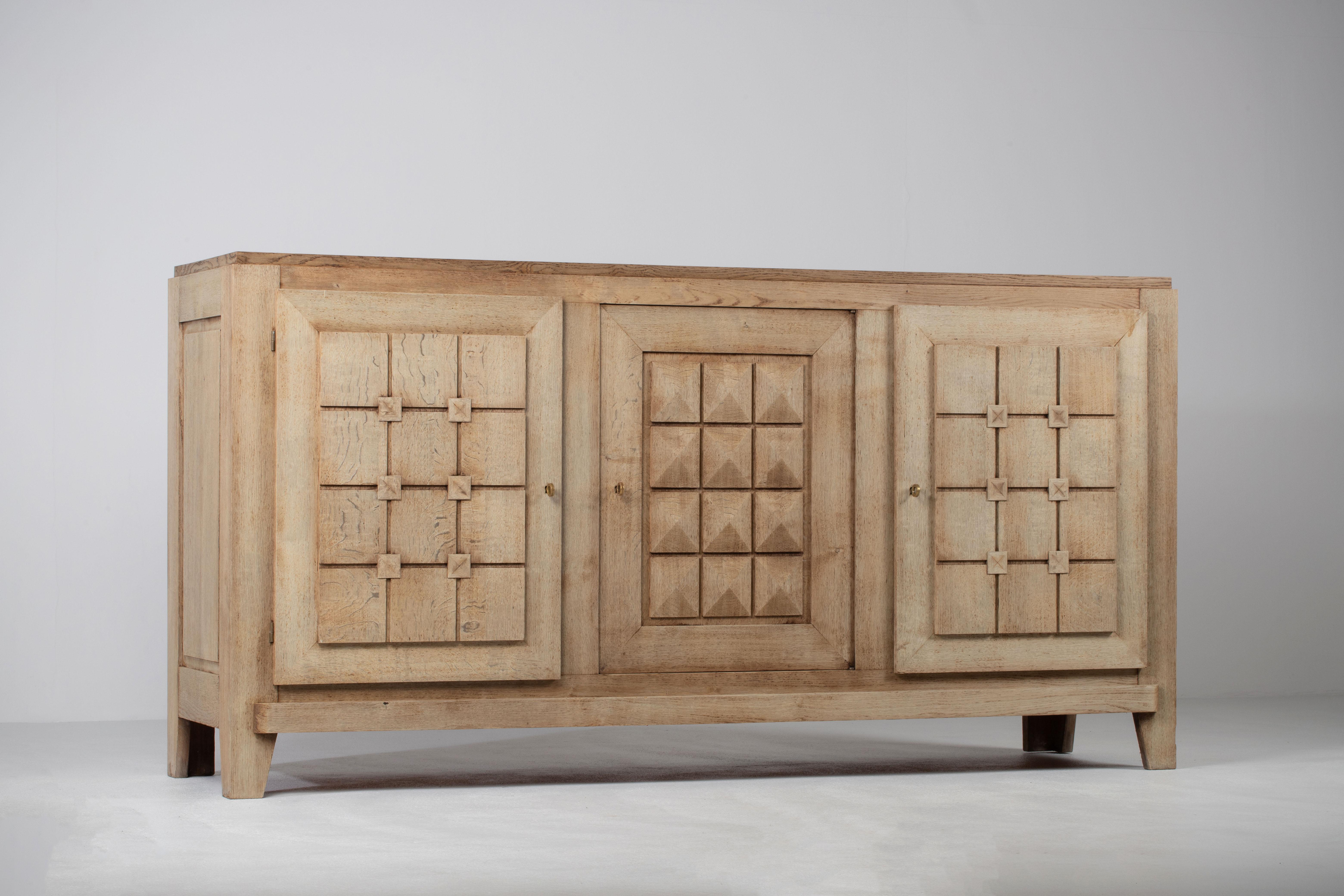 French Large Solid Oak Credenza, Charles Douduyt, France, 1940s For Sale