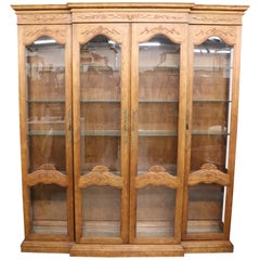 Antique Large Solid Oak French Louis XV Style Breakfront Bookcase Vitrine, circa 1980