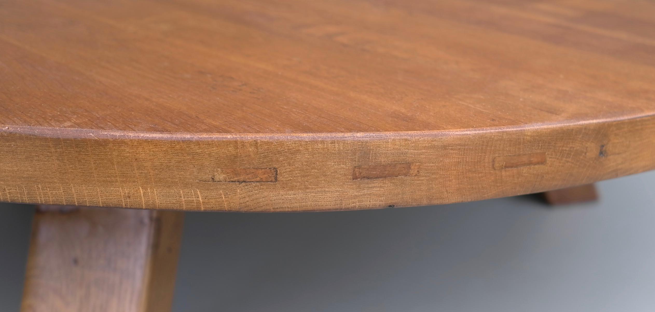 Mid-Century Modern Large Solid Oak Round Coffee Table in Style of Charlotte Perriand, France, 1960s