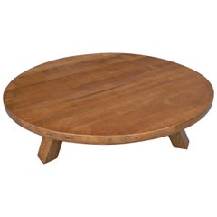 Large Solid Oak Round Coffee Table in Style of Charlotte Perriand, France, 1960s