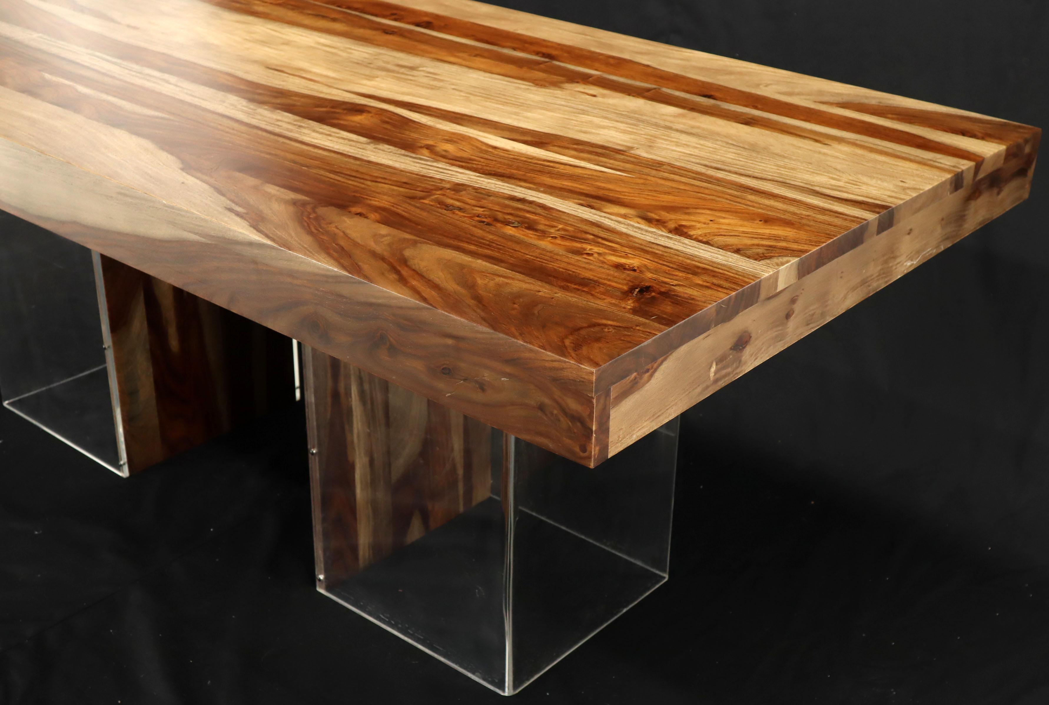 Varnished Large Solid Oiled Teak Rectangular Dining Table on Lucite Base