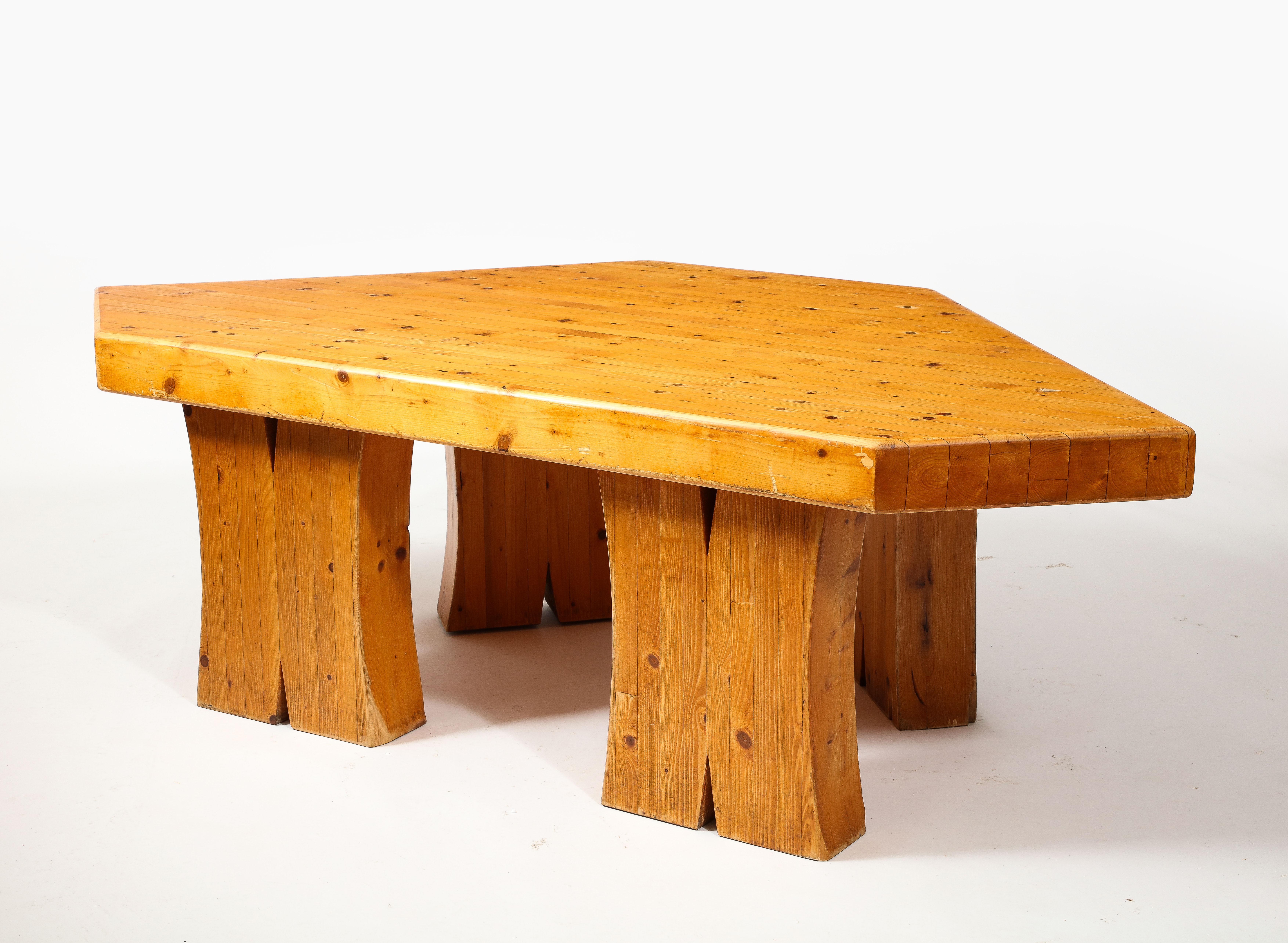 Large Solid Pine Irregularly Shaped Brutalist Coffee Table, France 1960's 5