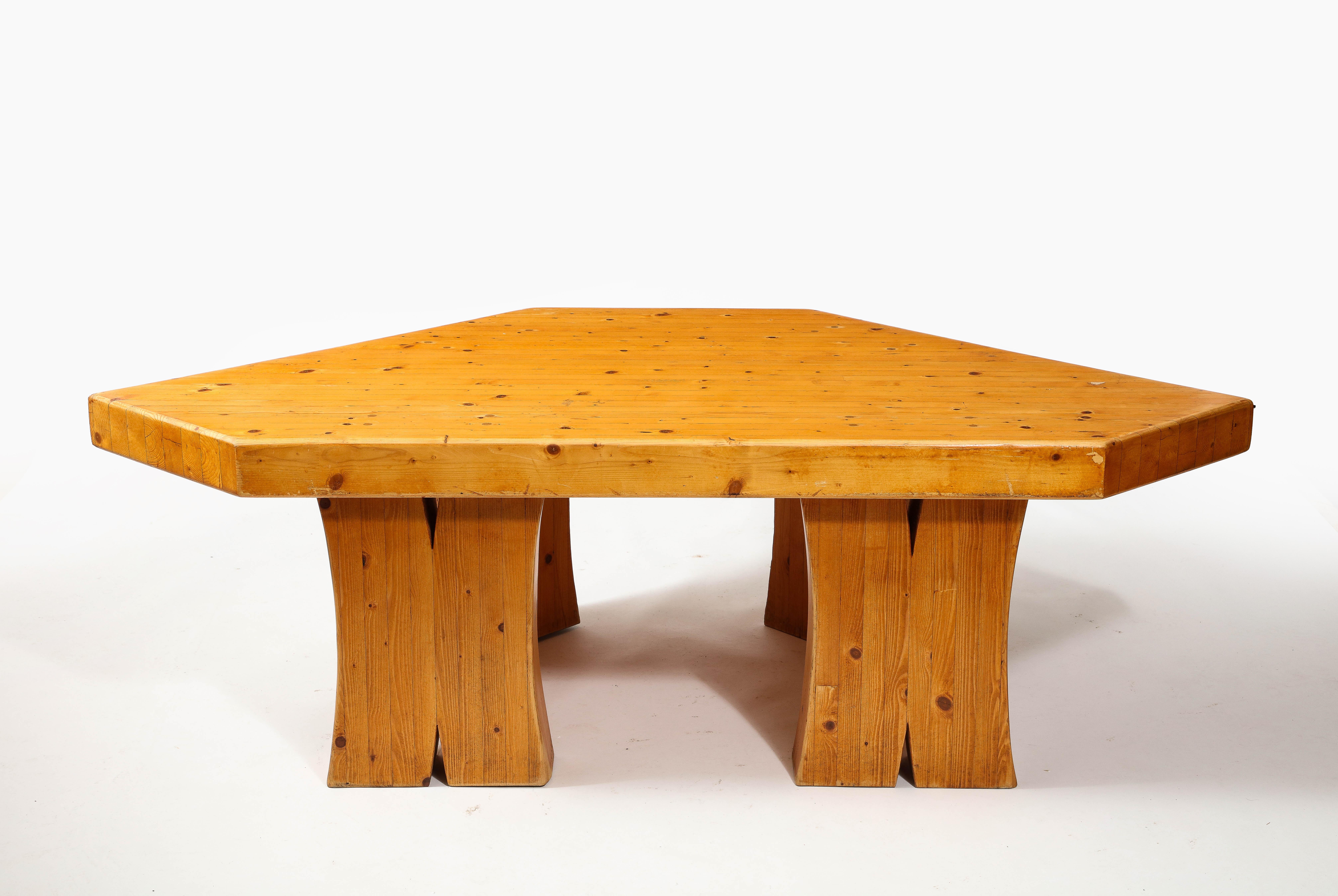 Large Solid Pine Irregularly Shaped Brutalist Coffee Table, France 1960's 6