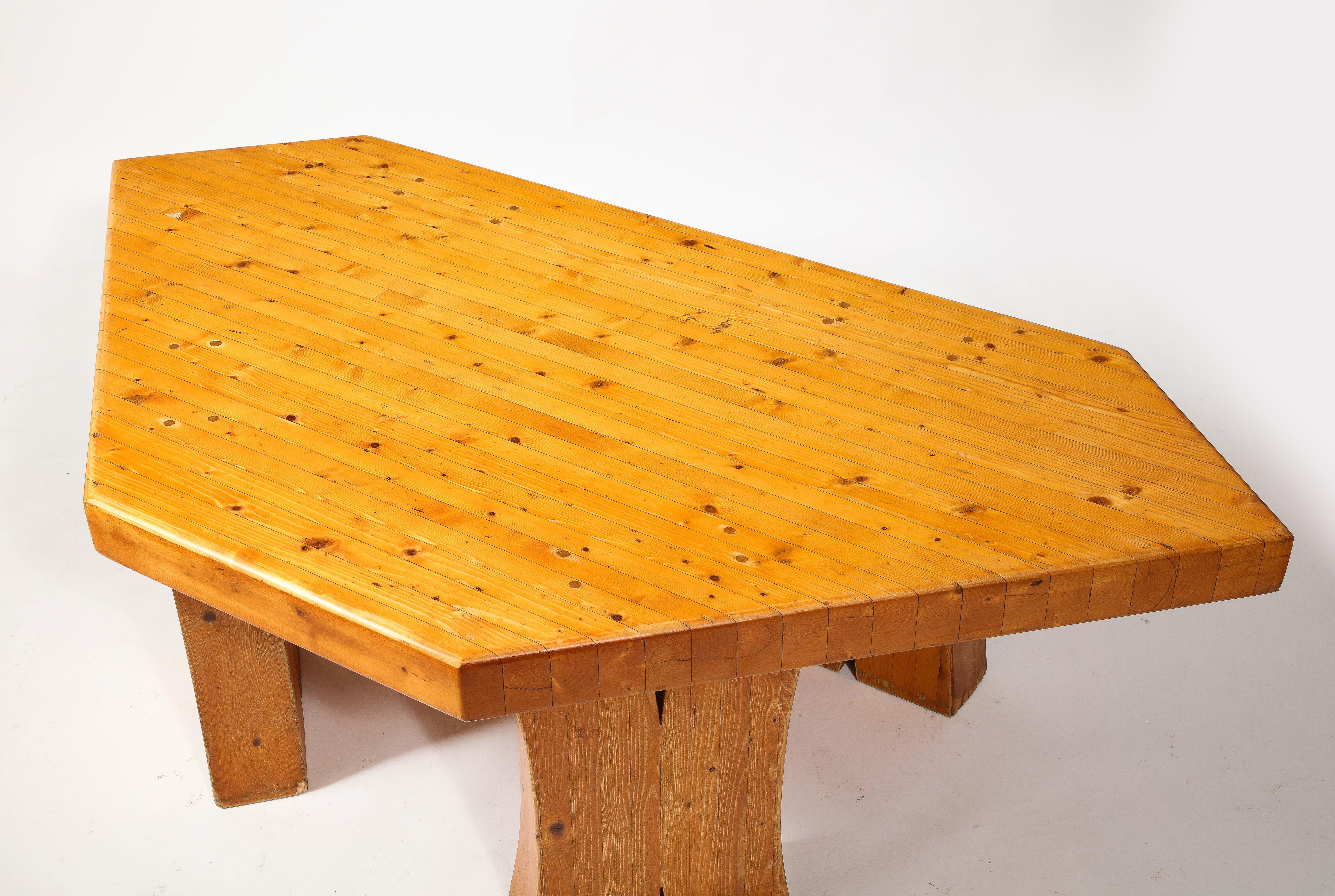 French Large Solid Pine Irregularly Shaped Brutalist Coffee Table, France 1960's