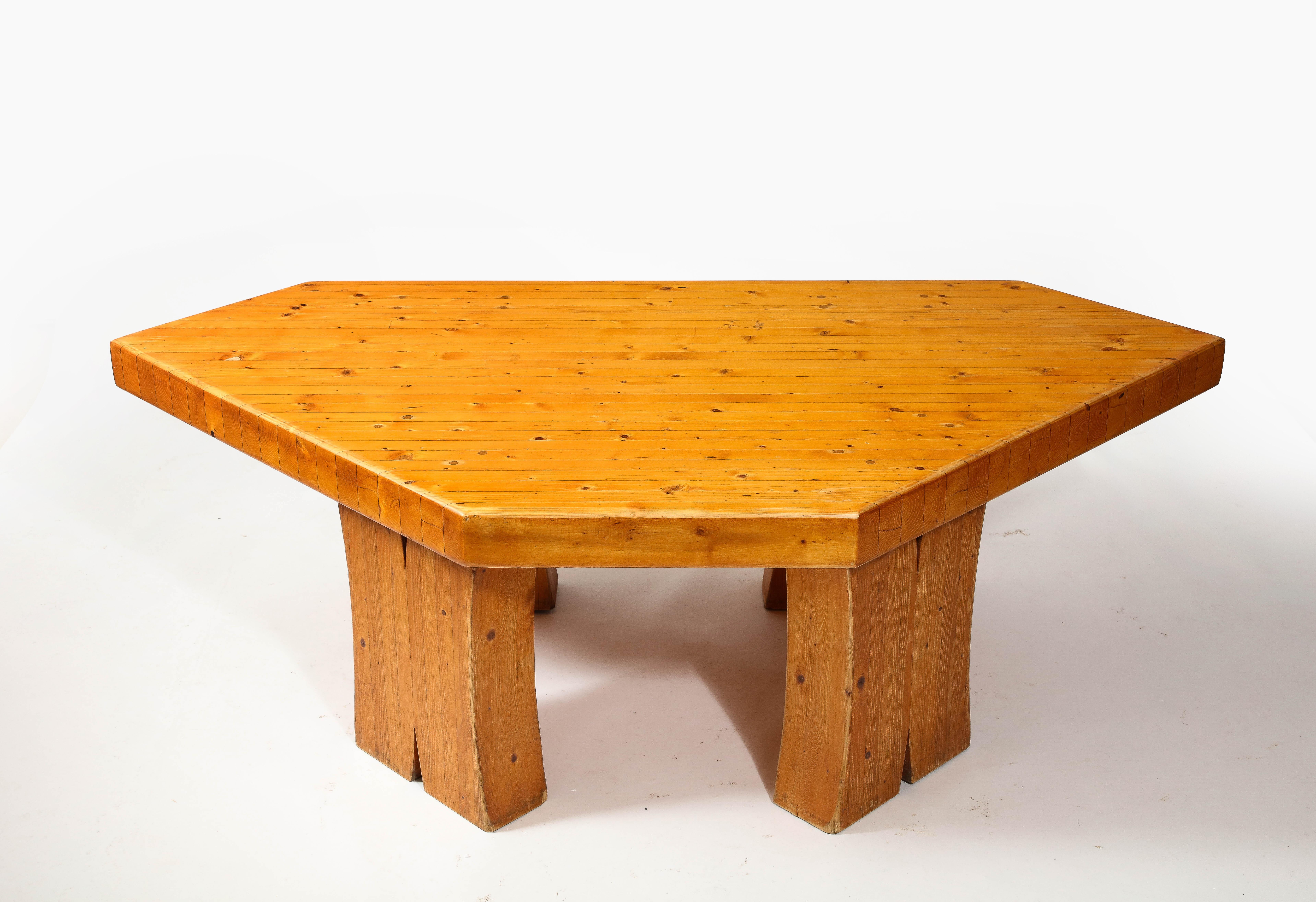 20th Century Large Solid Pine Irregularly Shaped Brutalist Coffee Table, France 1960's