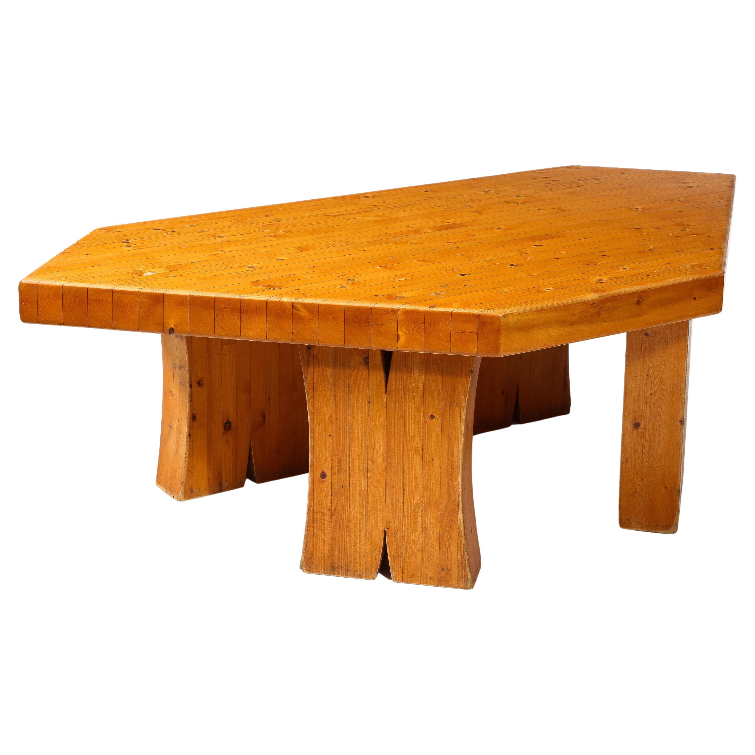 Large Solid Pine Irregularly Shaped Brutalist Coffee Table, France 1960's