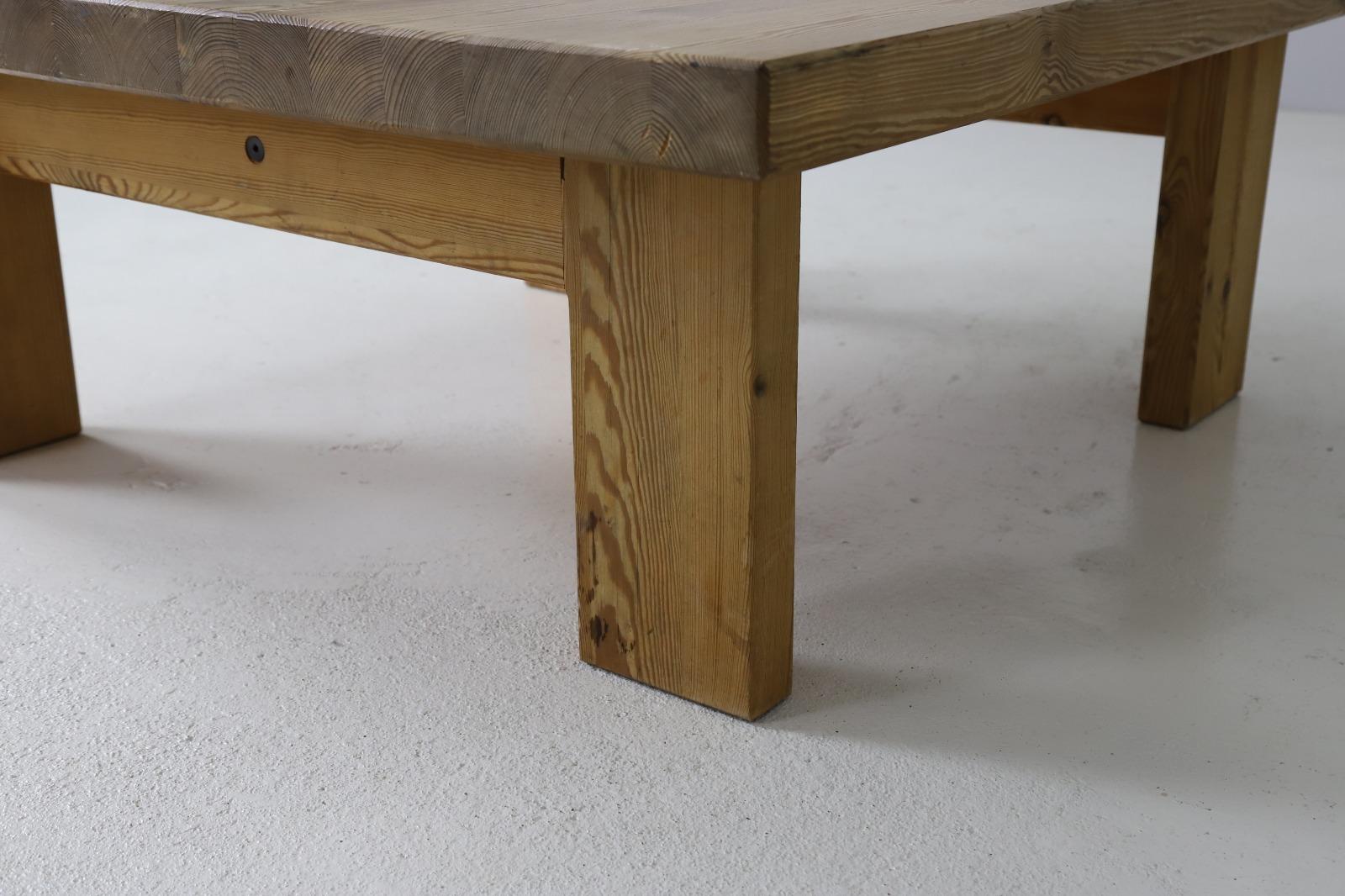 Large Solid Pine Coffee Table on Asymmetrical Base, Scandinavia, 1970s For Sale 1