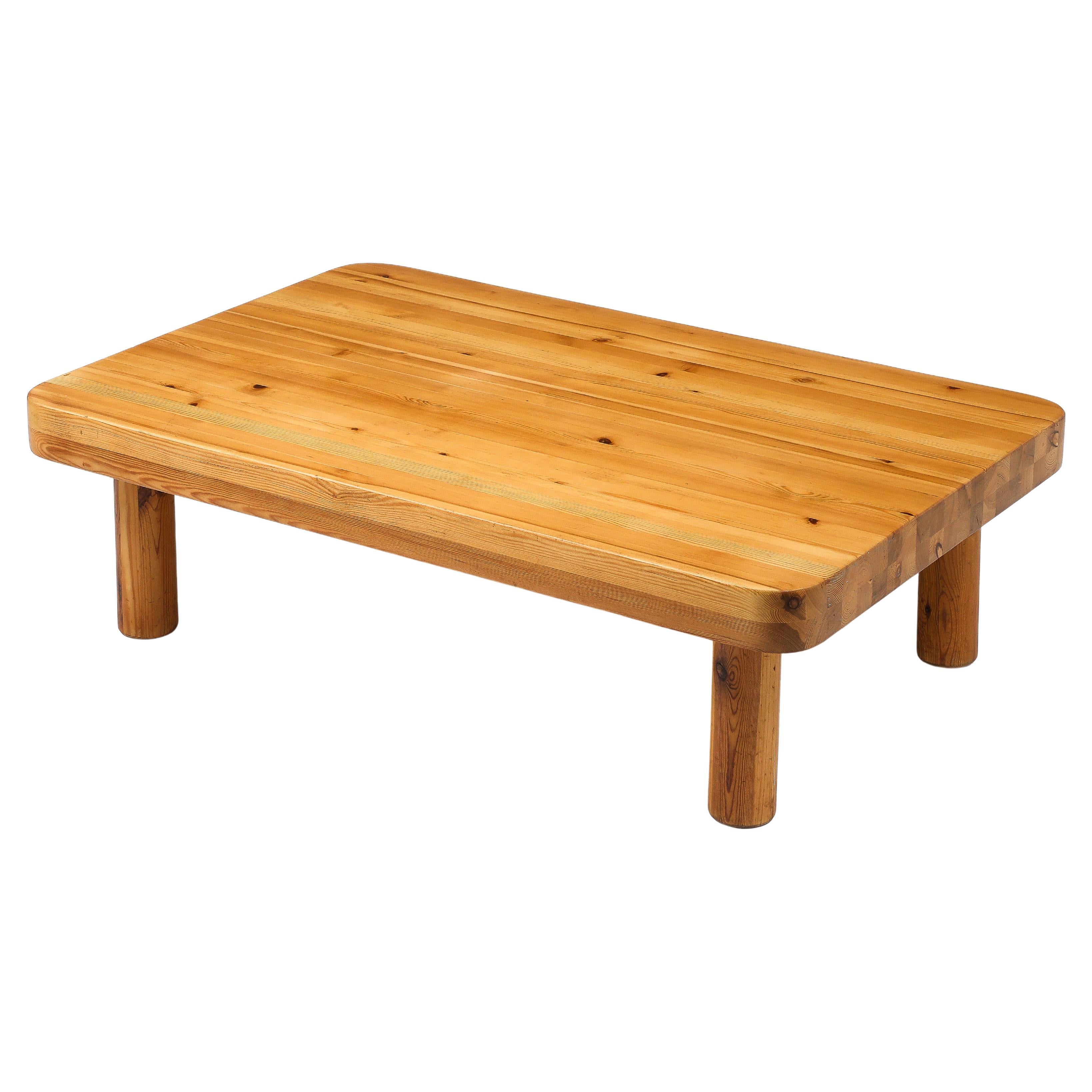 Large Solid Pine Rectangular Coffee Table, France 1960's