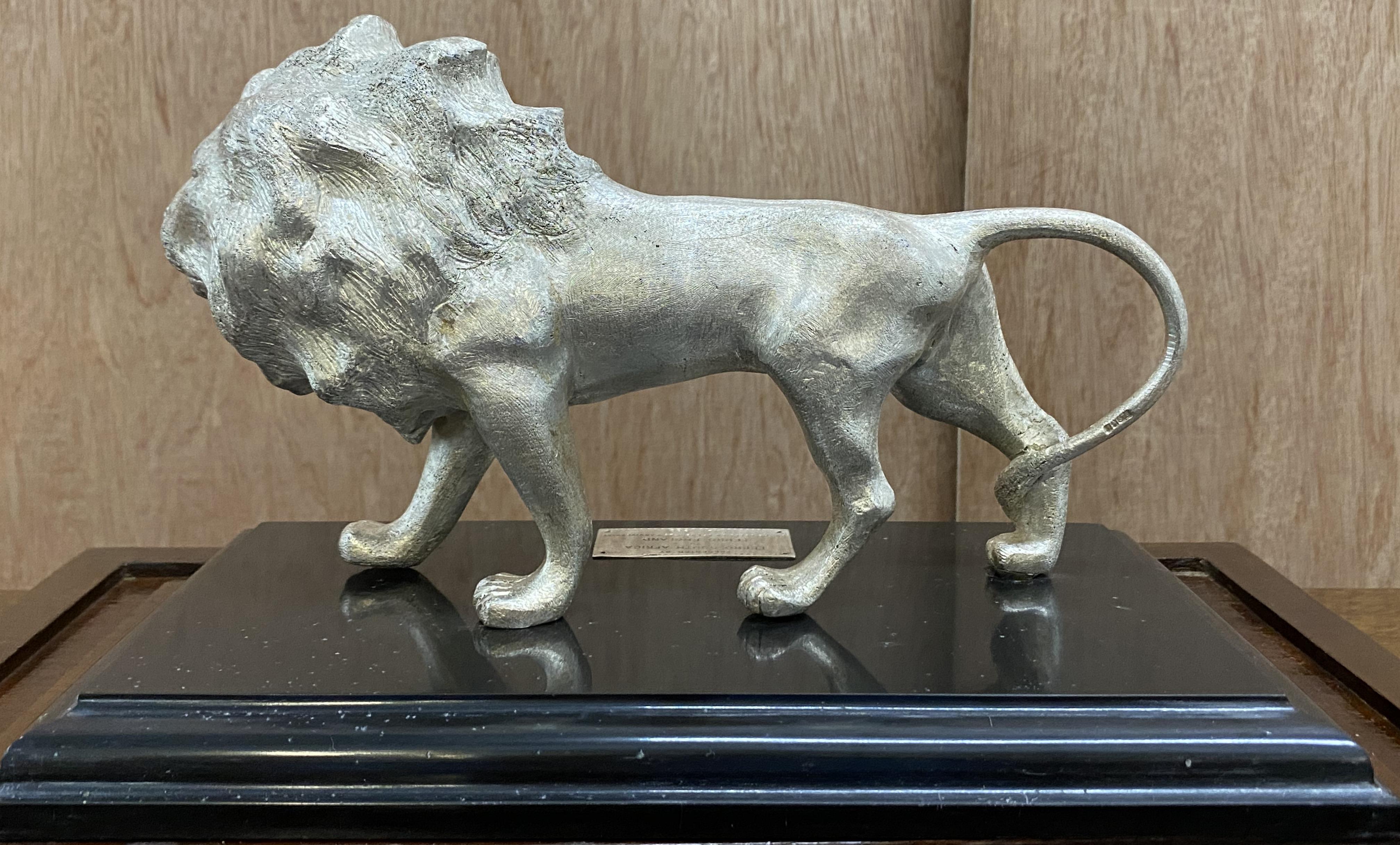Large Solid Sterling Silver 925 African Lion with Marble Base and Display Case 10