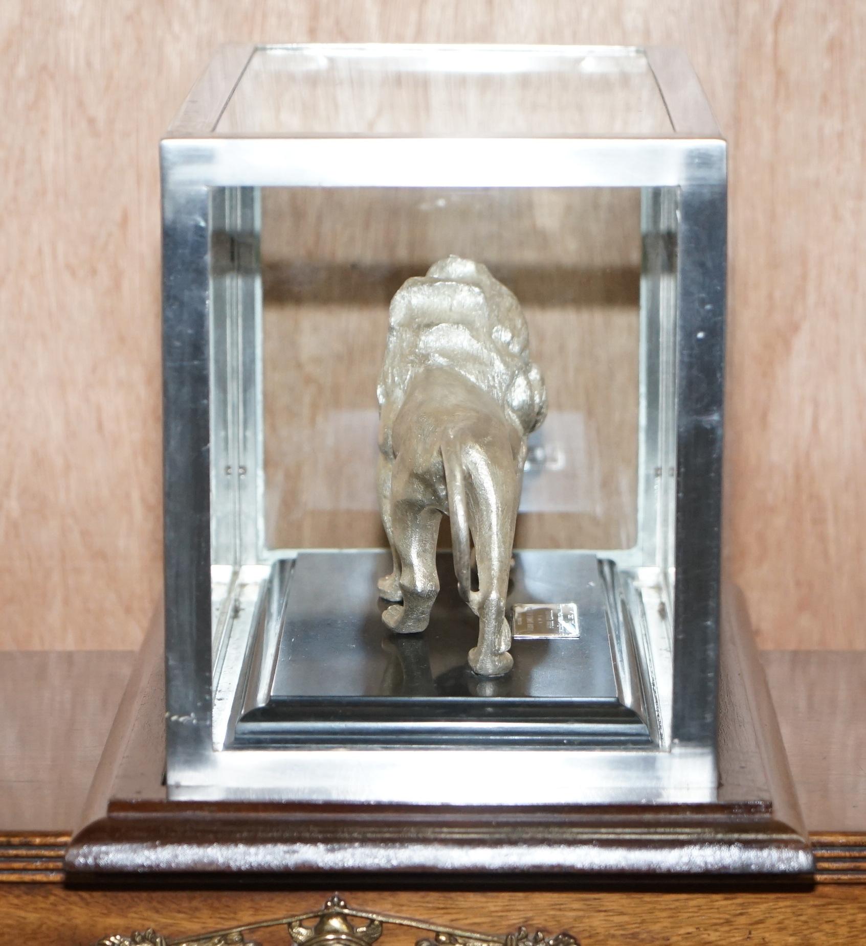 Mid-Century Modern Large Solid Sterling Silver 925 African Lion with Marble Base and Display Case