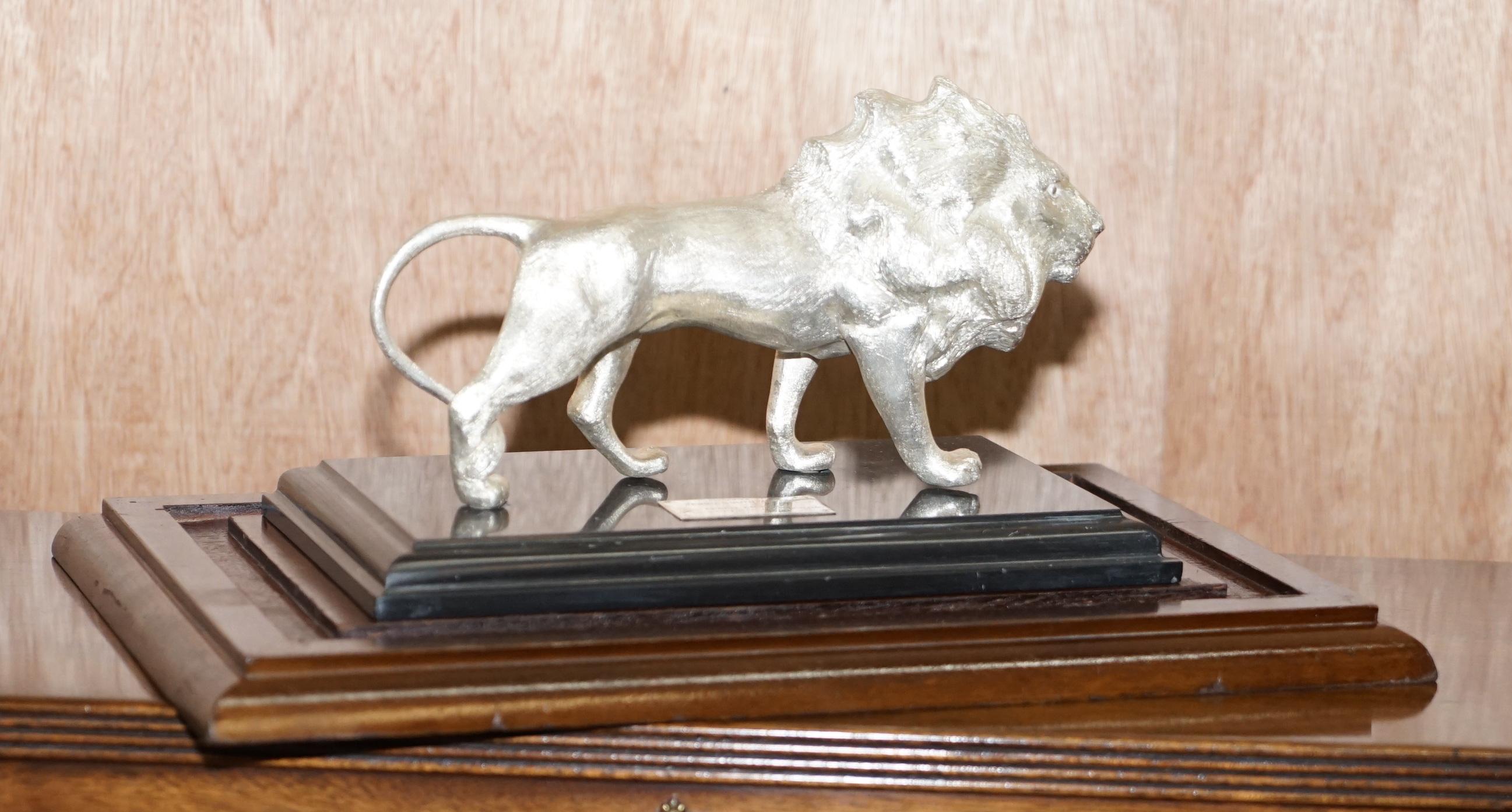 South African Large Solid Sterling Silver 925 African Lion with Marble Base and Display Case