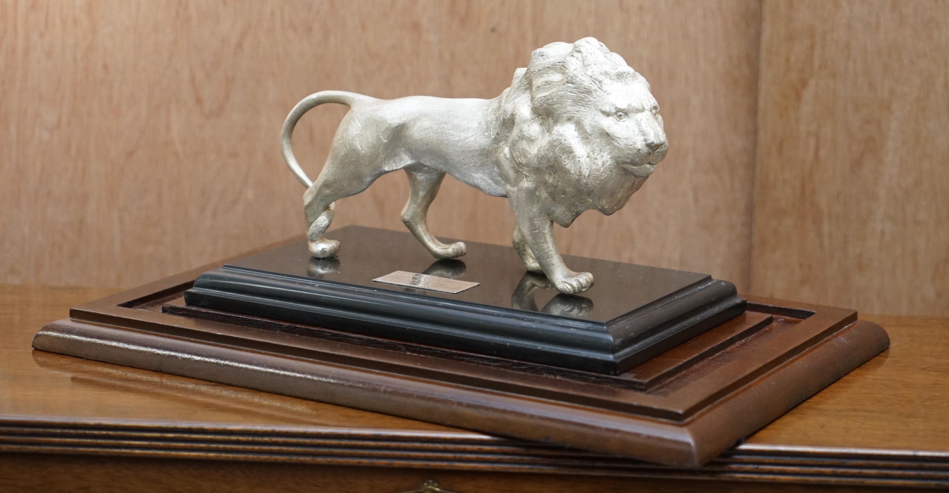 Hand-Crafted Large Solid Sterling Silver 925 African Lion with Marble Base and Display Case