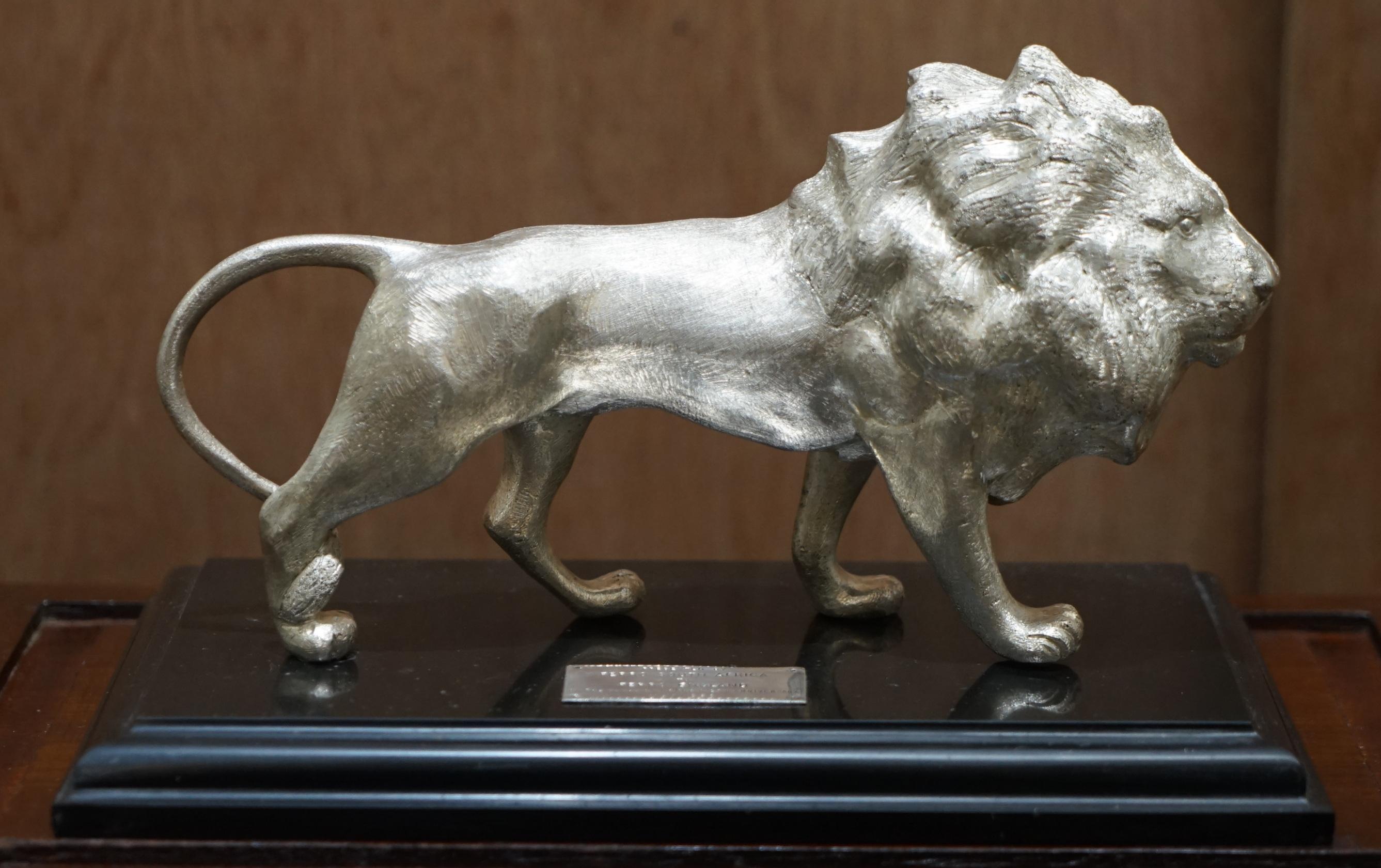 Mid-20th Century Large Solid Sterling Silver 925 African Lion with Marble Base and Display Case
