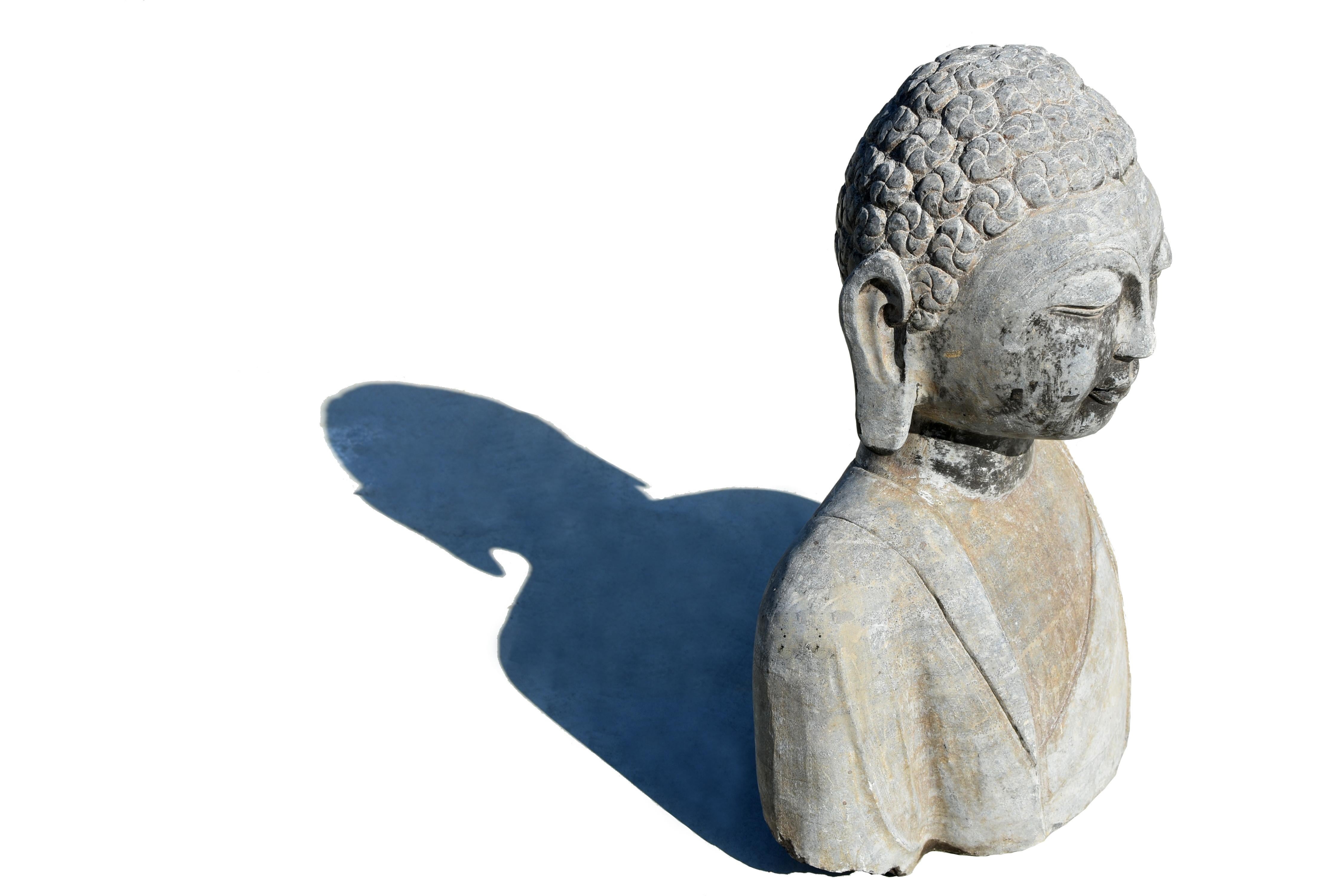 Tang Large Solid Stone Buddha Bust For Sale