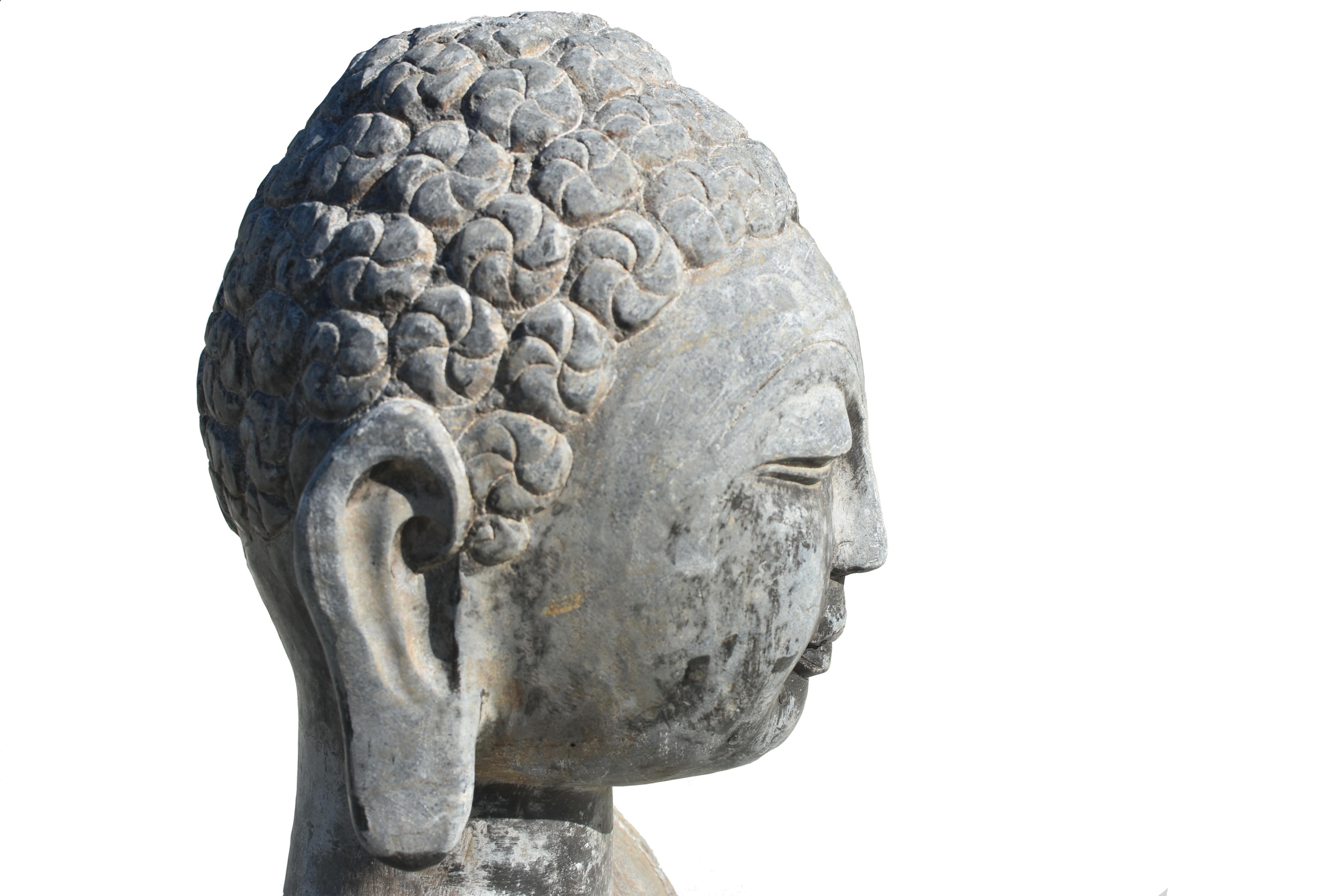 Hand-Carved Large Solid Stone Buddha Bust For Sale