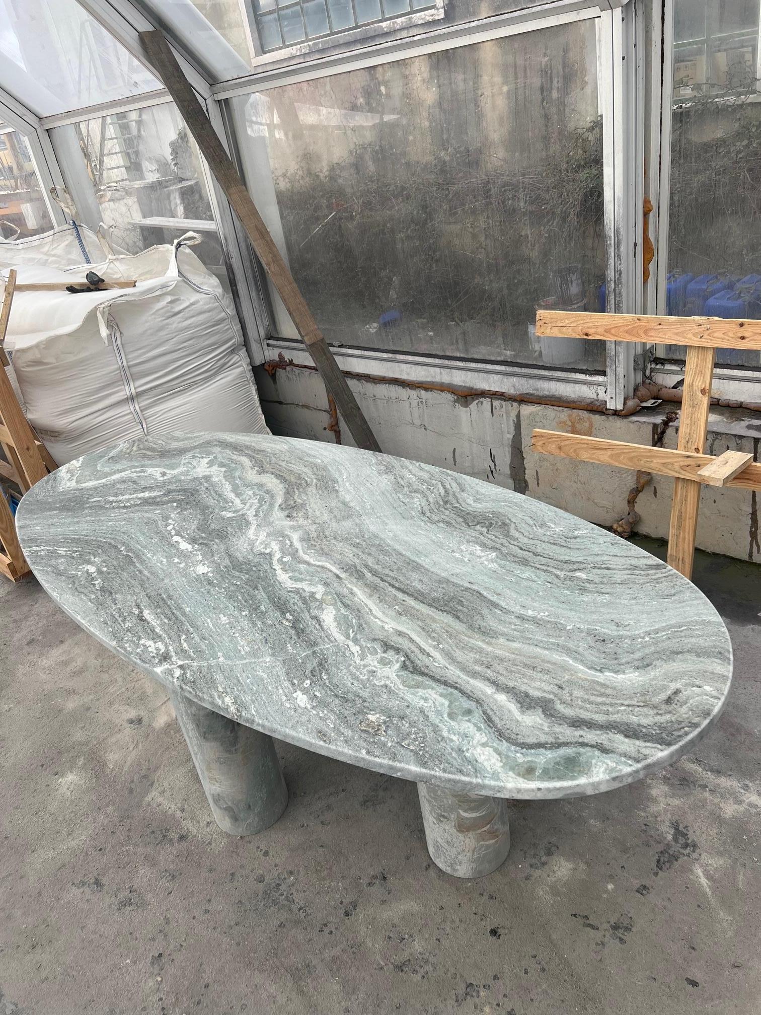 Portuguese Large Solid Stone Green Marble Oval Dining Table with Bellini style Column Legs  For Sale
