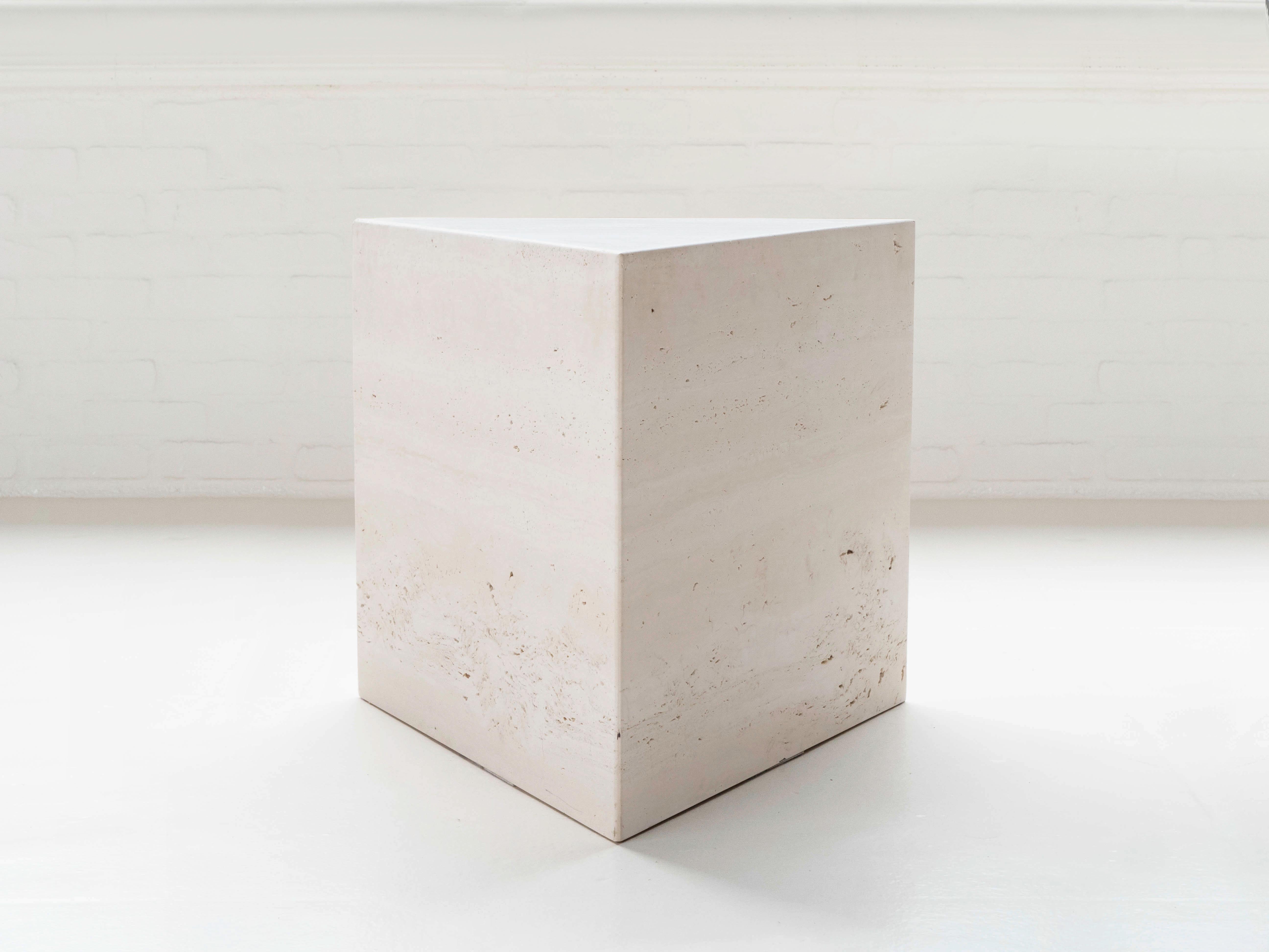 Large Solid Travertine Triangle Shaped Pedestal / Side Table, Postmodern 1970's  In Good Condition In Los Angeles, CA