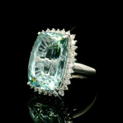 Large Solid White gold 15.09ctw Aquamarine & Diamond Halo Statement Ring