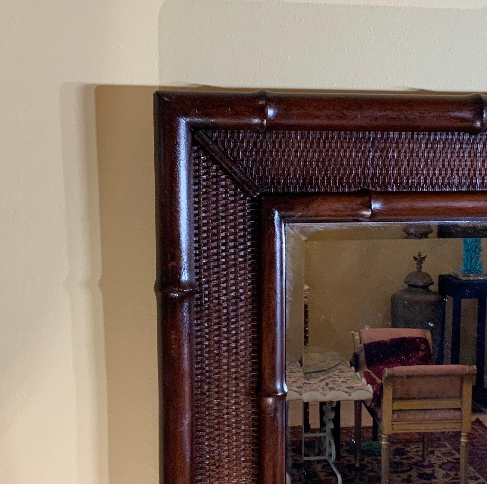 Large Solid Wood Carved Faux Bamboo Mirror In Good Condition For Sale In Delray Beach, FL