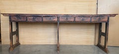 Large Solid Wood Walnut Console Table with Six Drawers